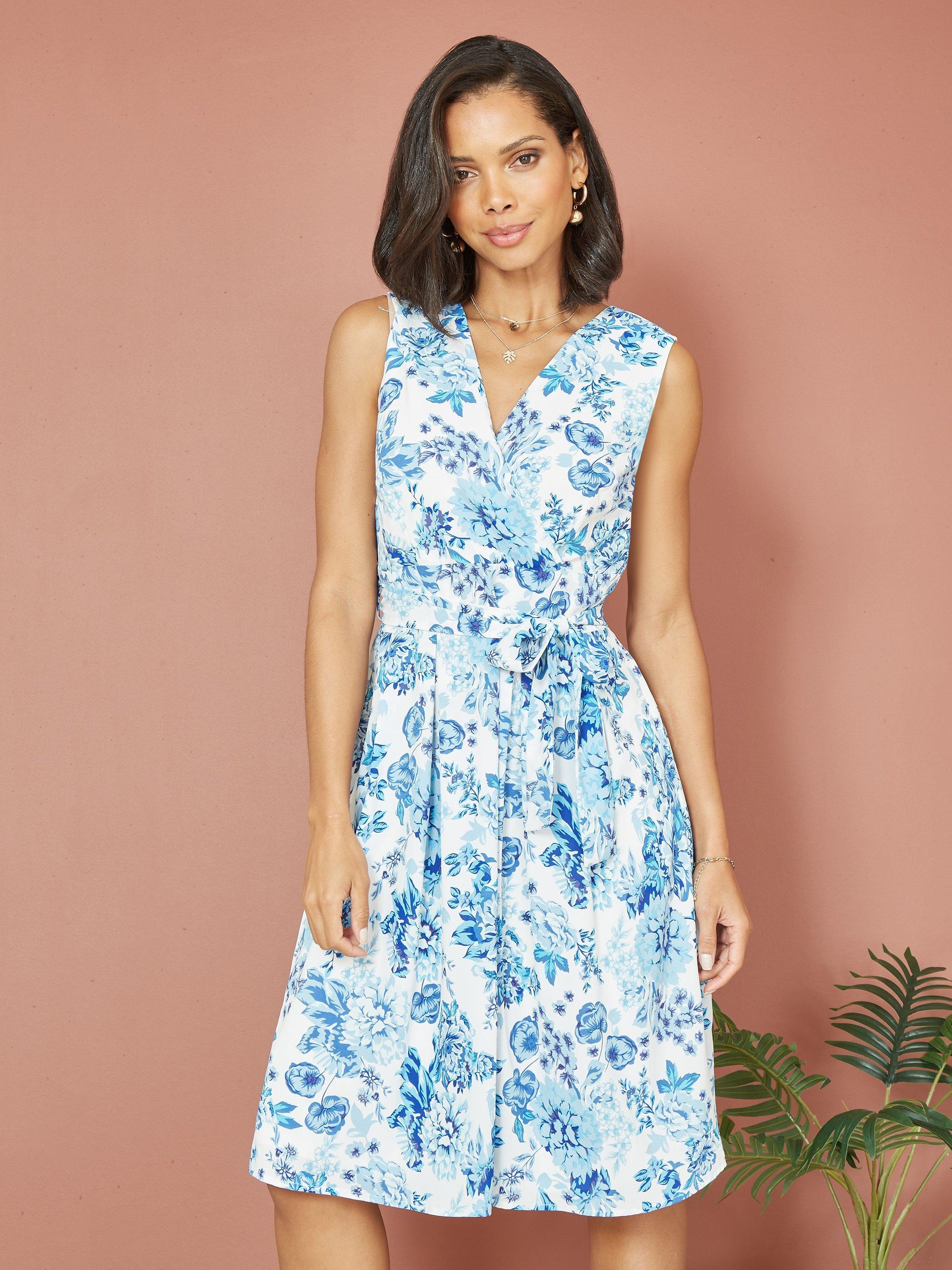 Product image 1 of 4, which shows Yumi Floral Skater Wrap Dress, Blue, 8