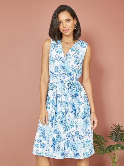 Yumi Floral Skater Wrap Dress, Blue, Blue