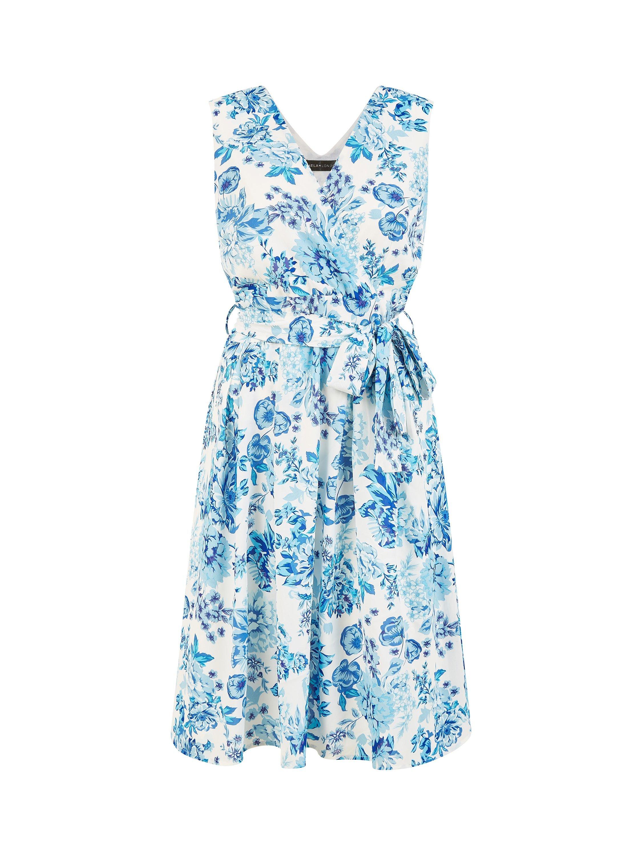 Product image 4 of 4, which shows Yumi Floral Skater Wrap Dress, Blue, 8