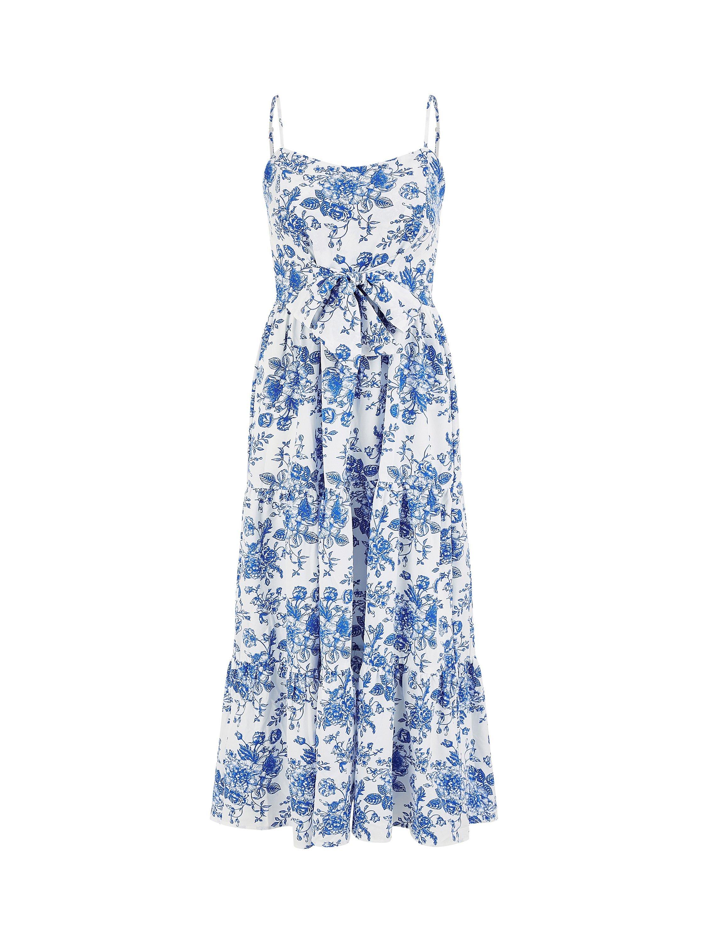 Product image 5 of 5, which shows Yumi Floral Tie Front Midi Dress, Blue, 8