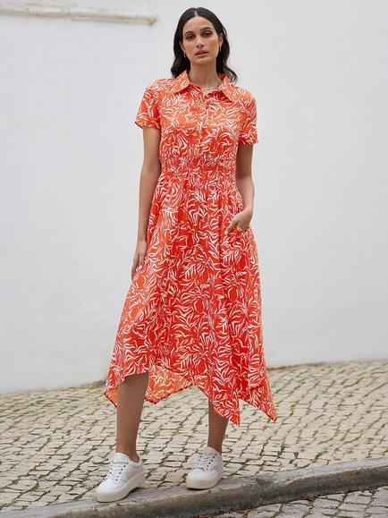 Yumi Leafy Vase Print Shirt Dress, Coral