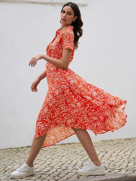 Yumi Leafy Vase Print Shirt Dress - view 2, Coral