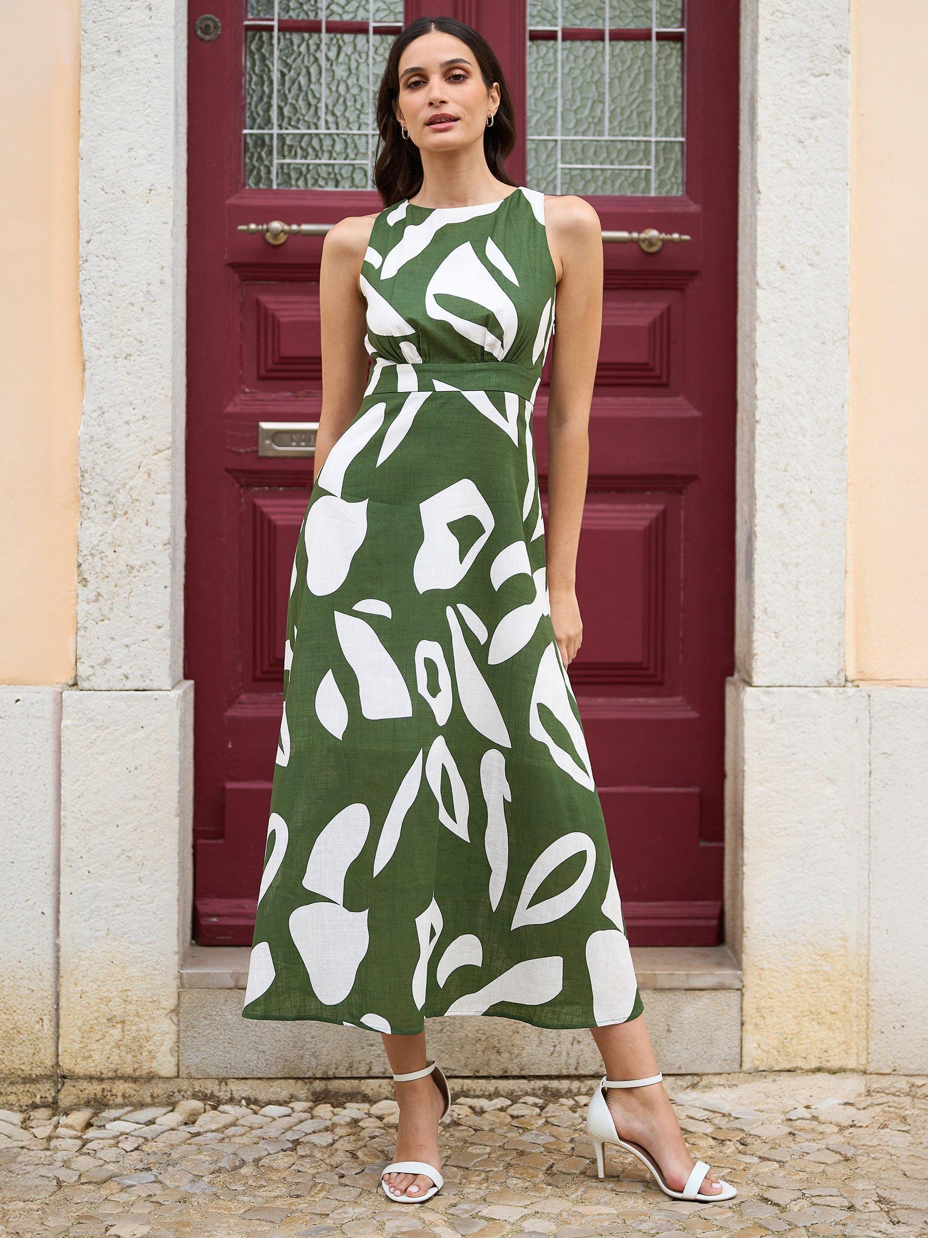 Product image 1 of 7, which shows Yumi Abstract Tie Back Maxi Dress, Green, 8