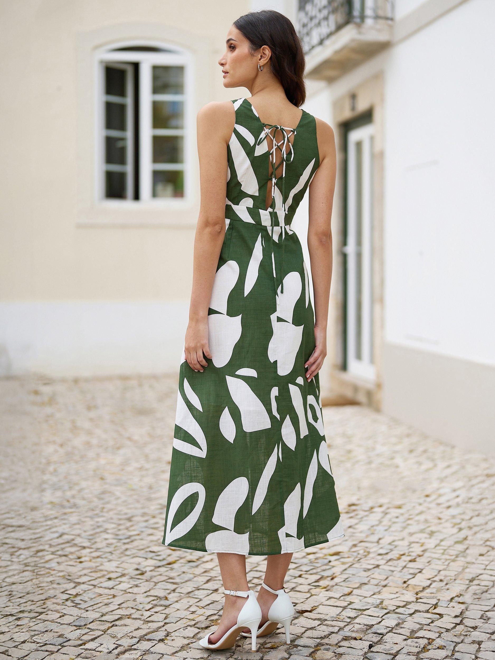 Product image 4 of 7, which shows Yumi Abstract Tie Back Maxi Dress, Green, 8