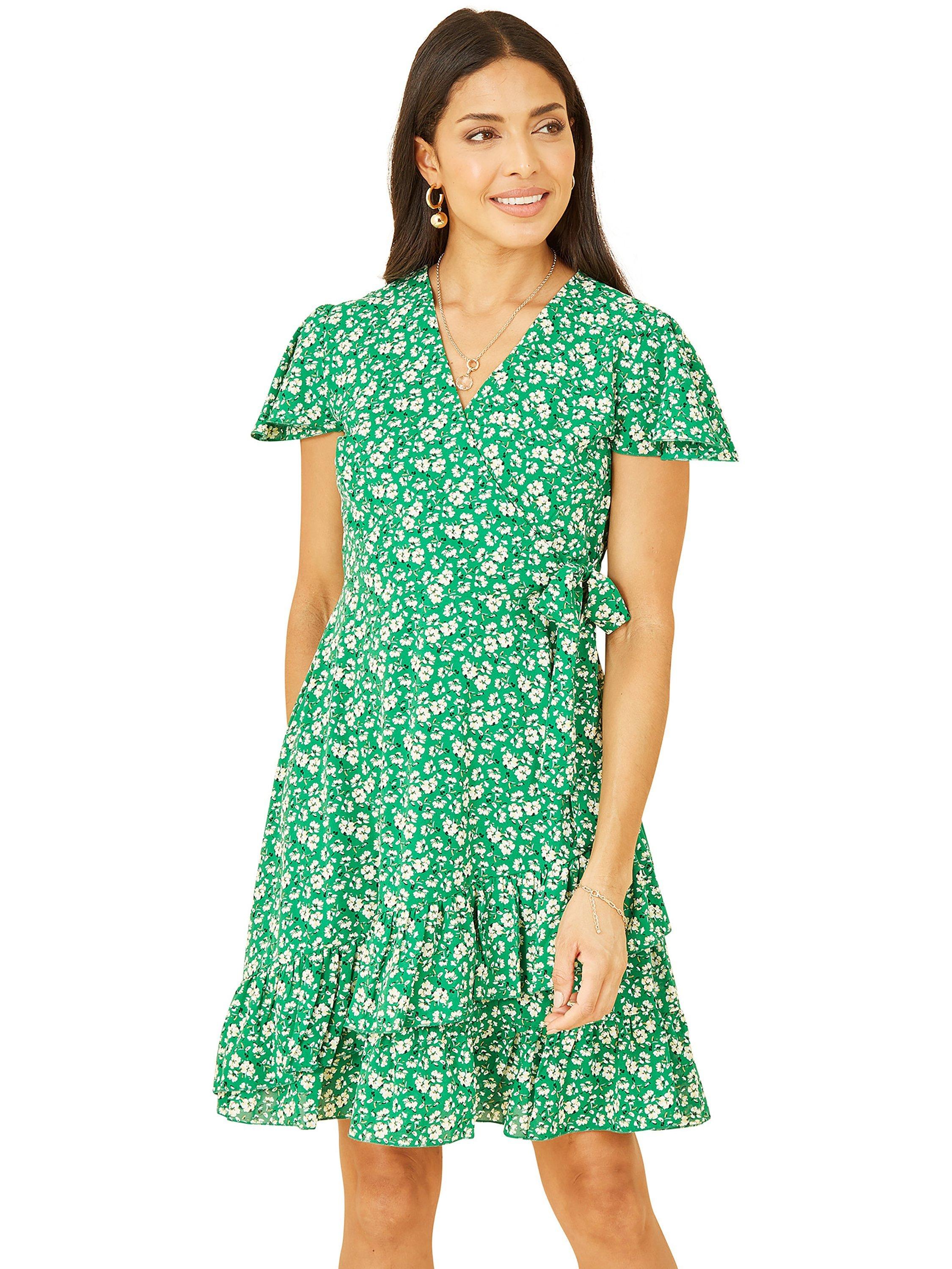 Product image 1 of 5, which shows Yumi Ditsy Floral Frill Wrap Dress, Green, 8