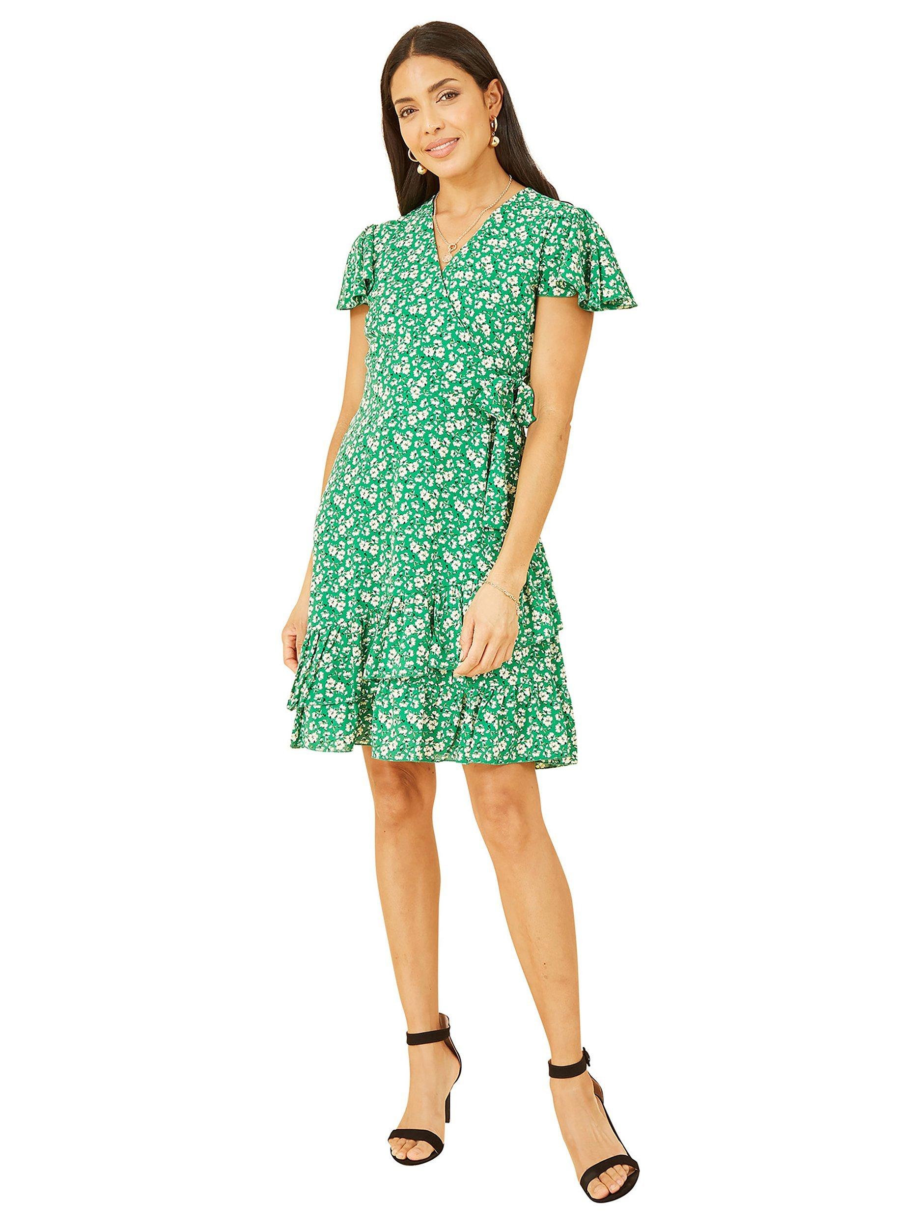 Product image 2 of 5, which shows Yumi Ditsy Floral Frill Wrap Dress, Green, 8