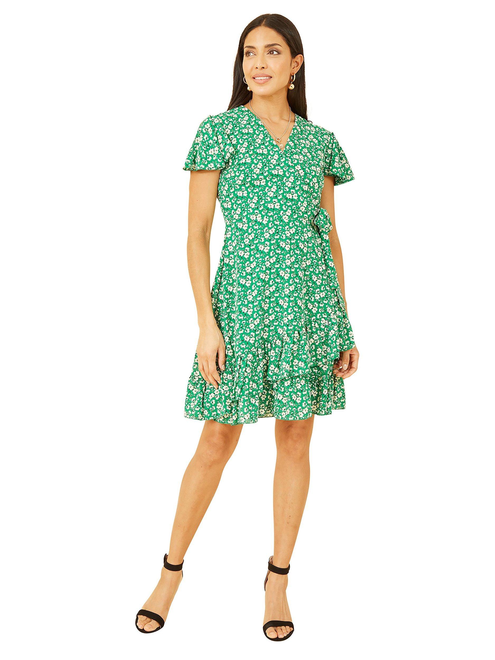 Product image 3 of 5, which shows Yumi Ditsy Floral Frill Wrap Dress, Green, 8