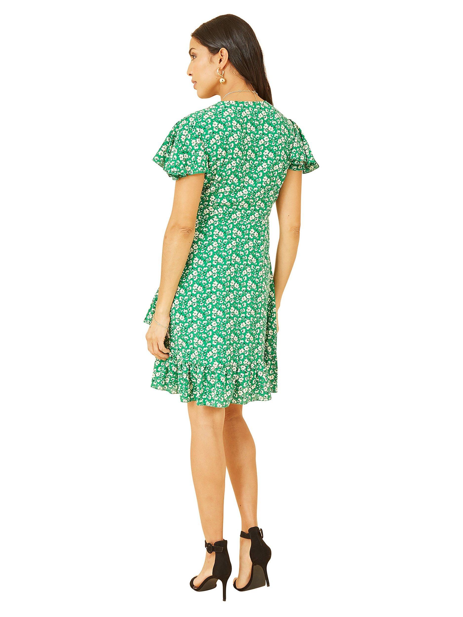 Product image 4 of 5, which shows Yumi Ditsy Floral Frill Wrap Dress, Green, 8