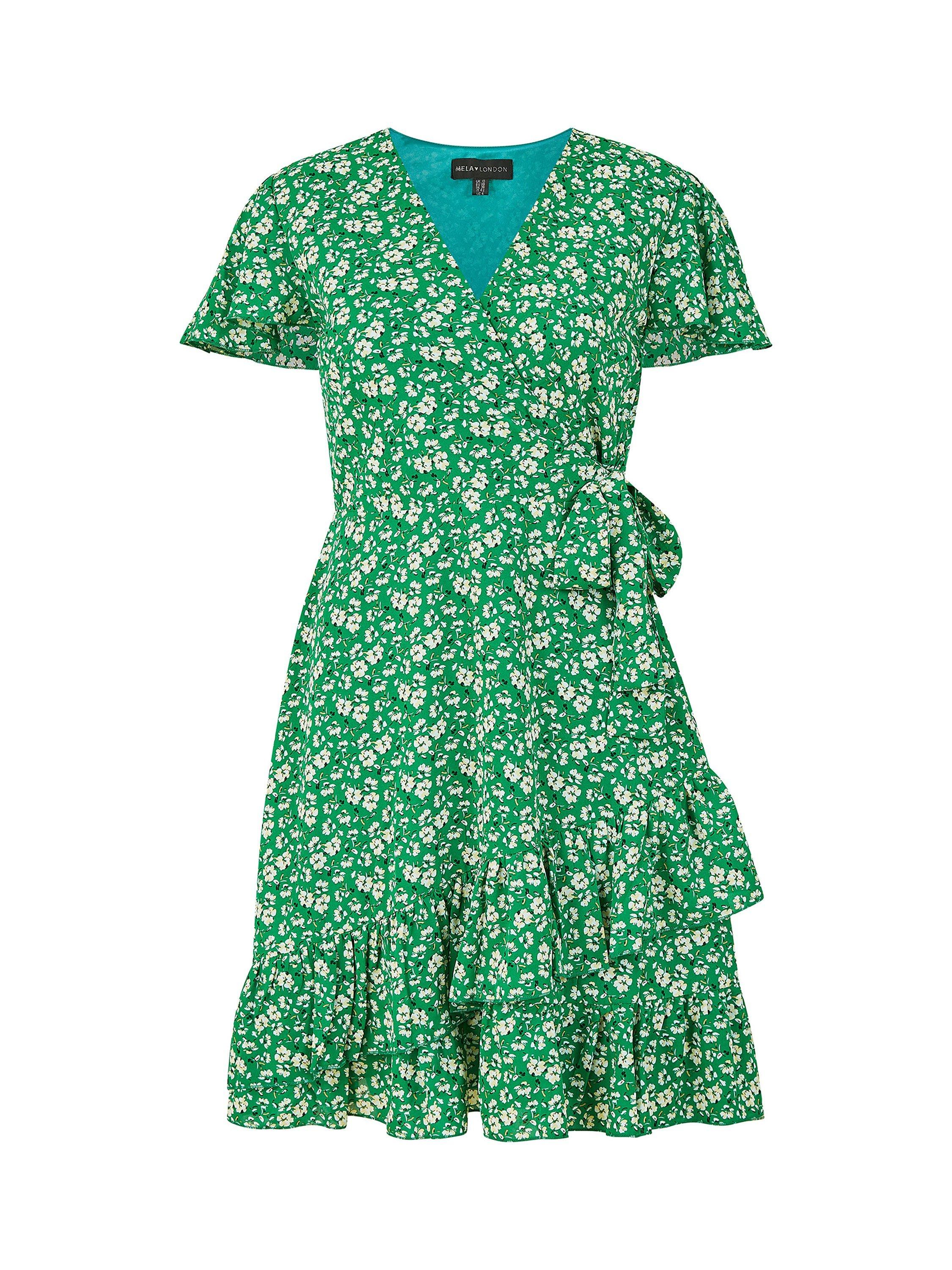 Product image 5 of 5, which shows Yumi Ditsy Floral Frill Wrap Dress, Green, 8