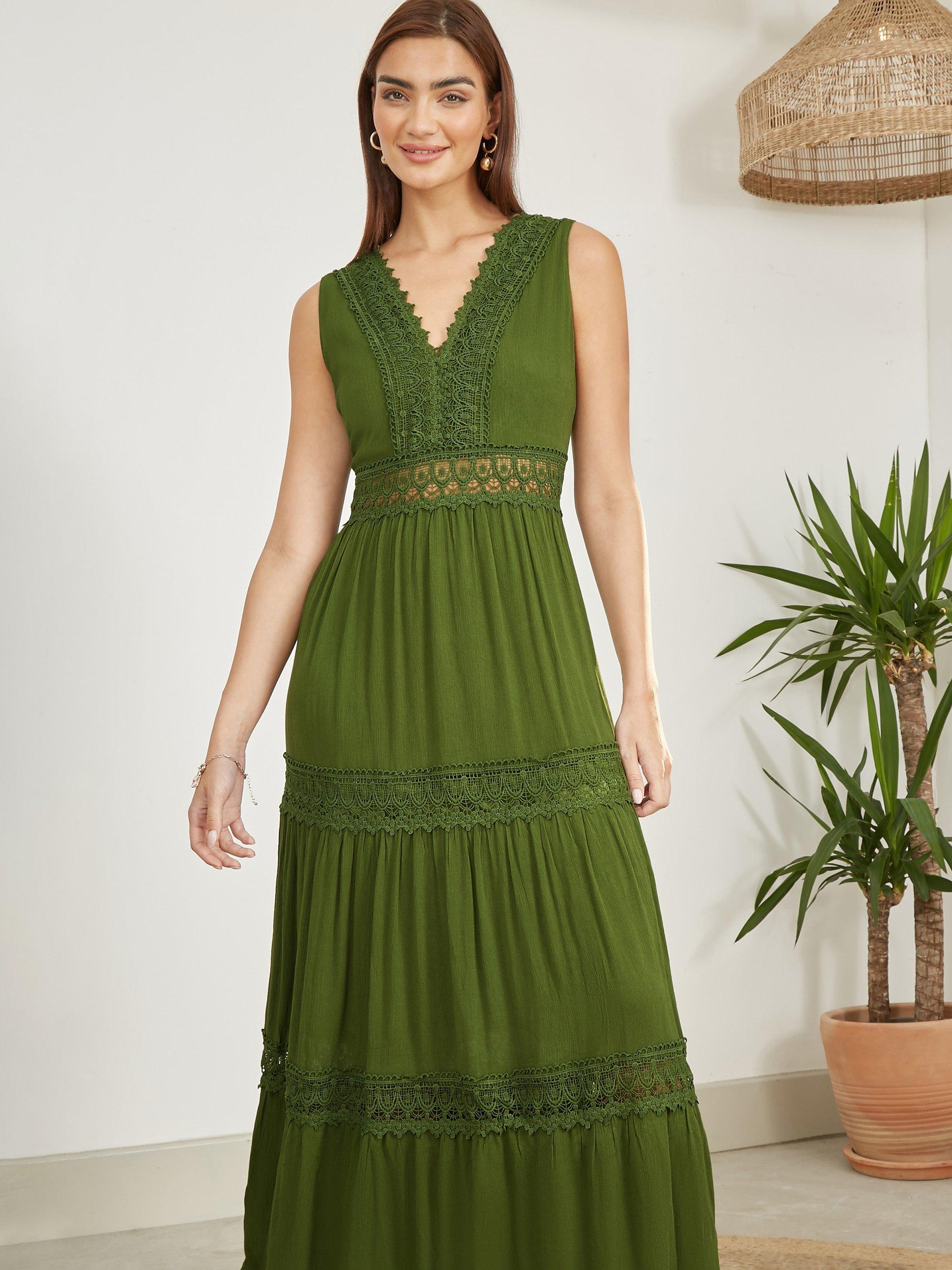 Product image 1 of 5, which shows Yumi Lace Trim Cotton Maxi Sundress, Green, S