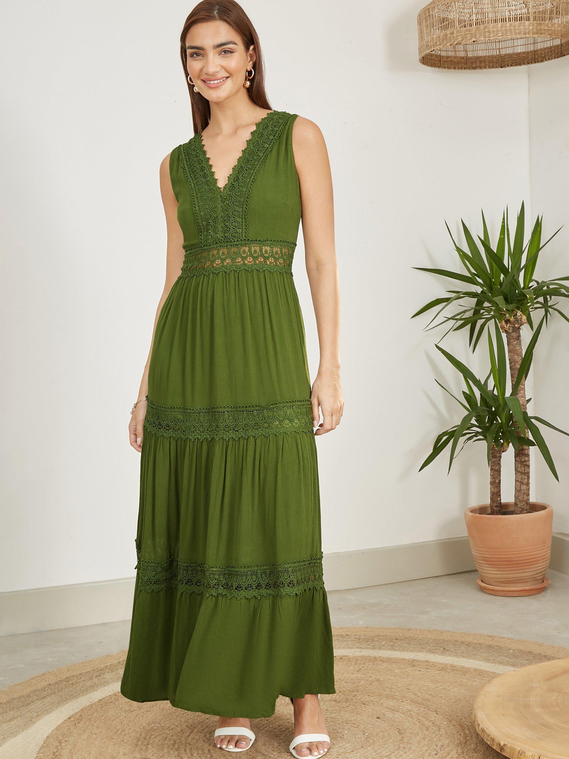 Product image 2 of 5, which shows Yumi Lace Trim Cotton Maxi Sundress, Green, S