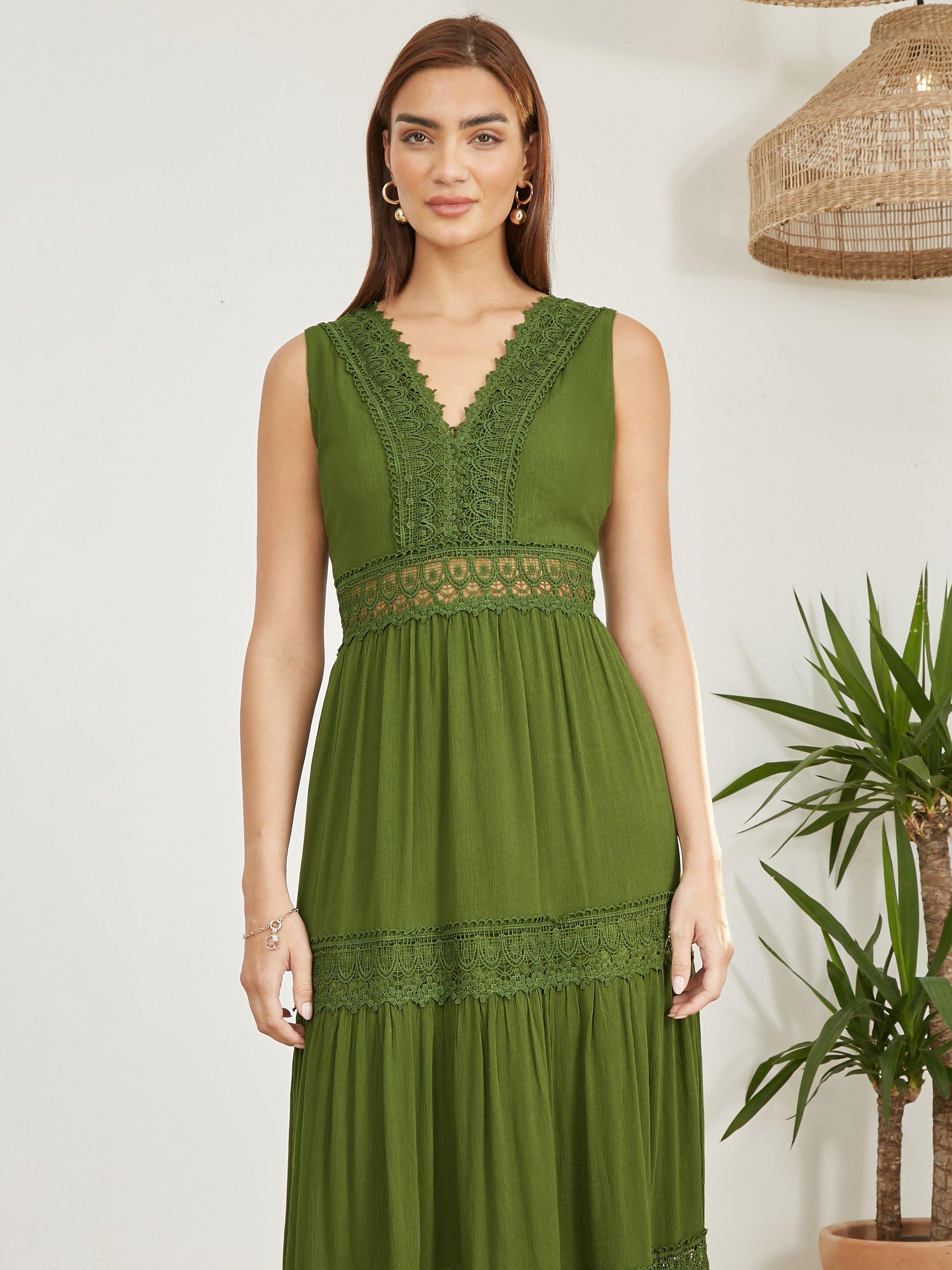 Product image 3 of 5, which shows Yumi Lace Trim Cotton Maxi Sundress, Green, S