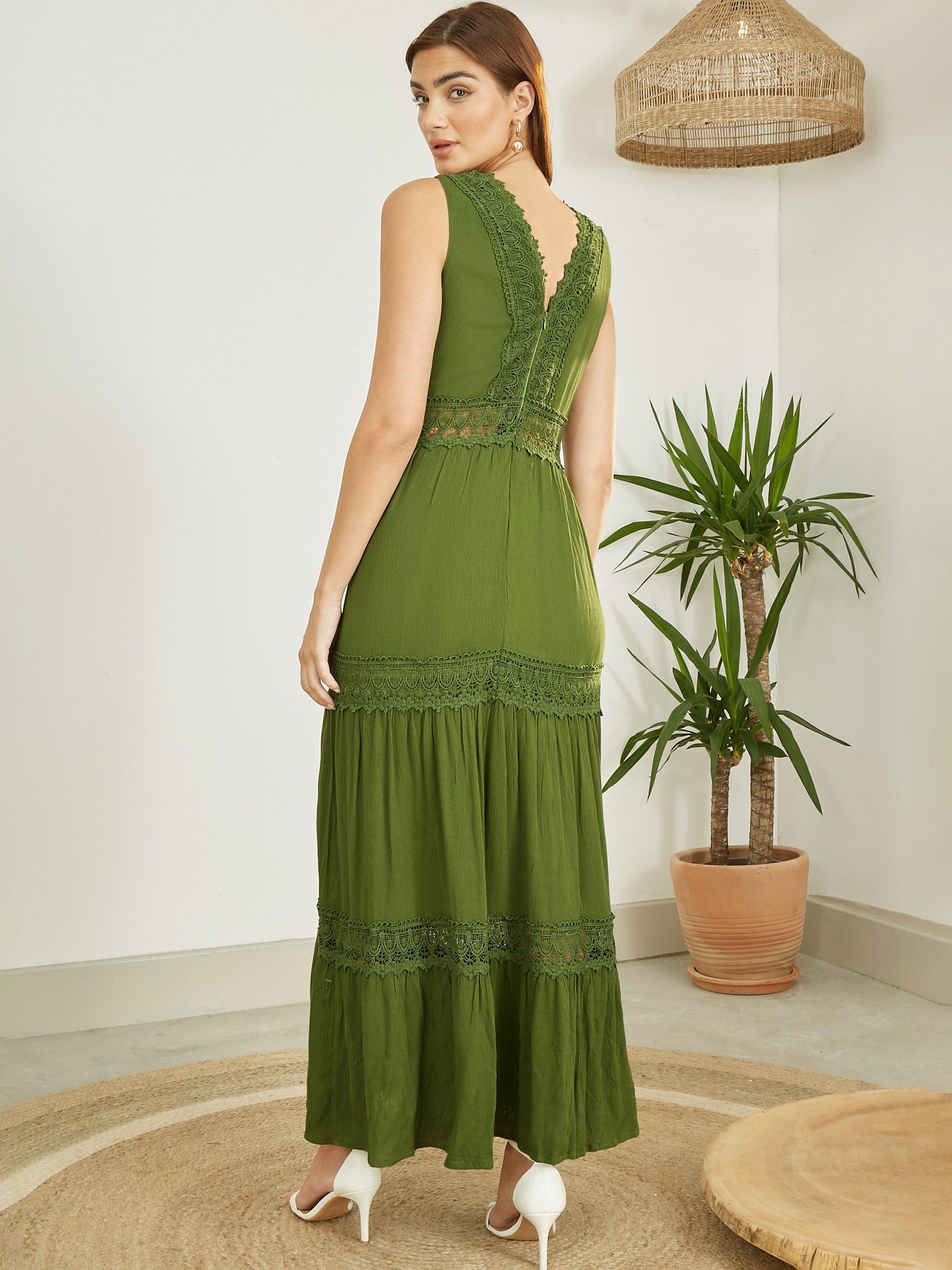 Product image 4 of 5, which shows Yumi Lace Trim Cotton Maxi Sundress, Green, S