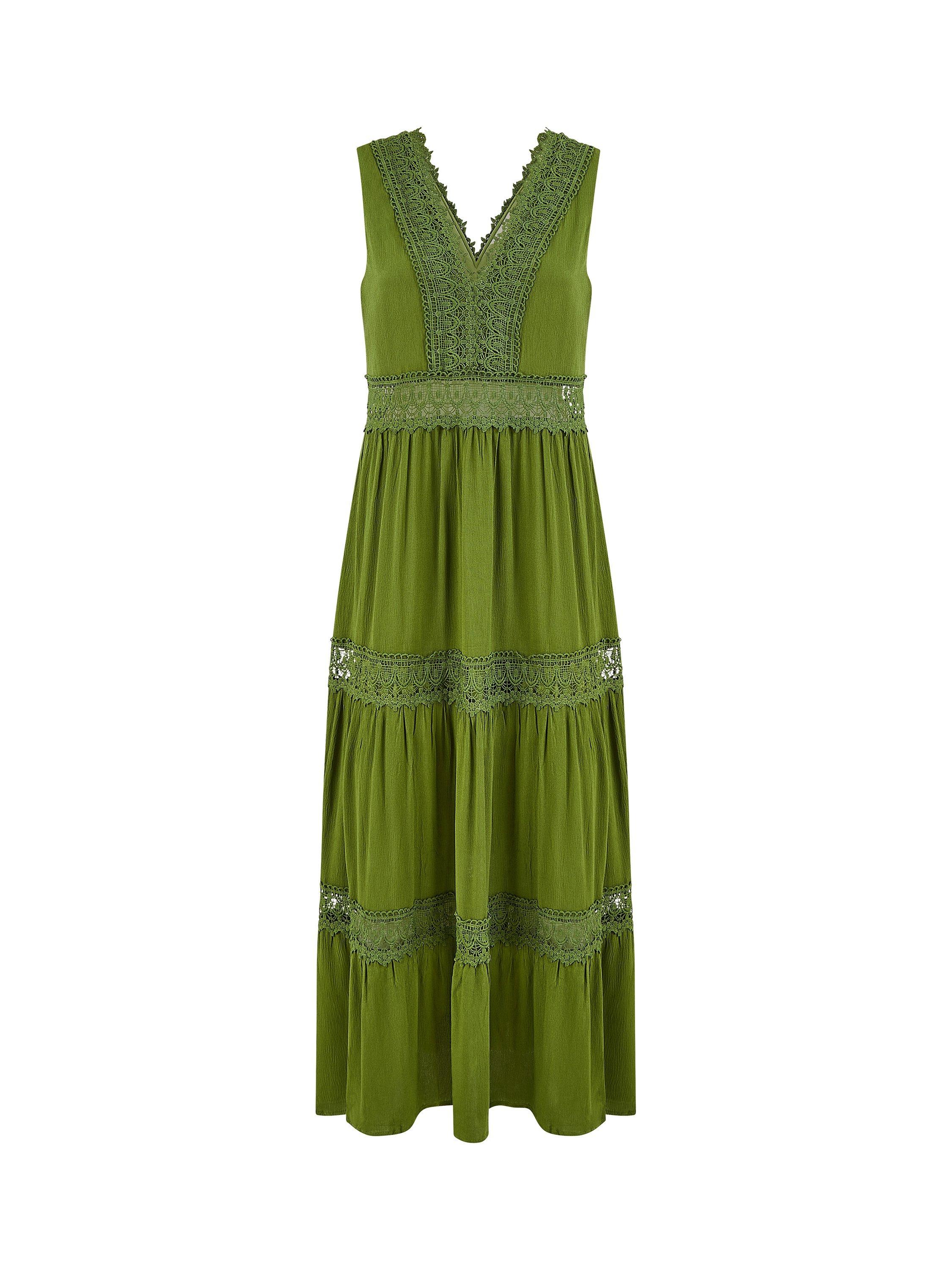 Product image 5 of 5, which shows Yumi Lace Trim Cotton Maxi Sundress, Green, S