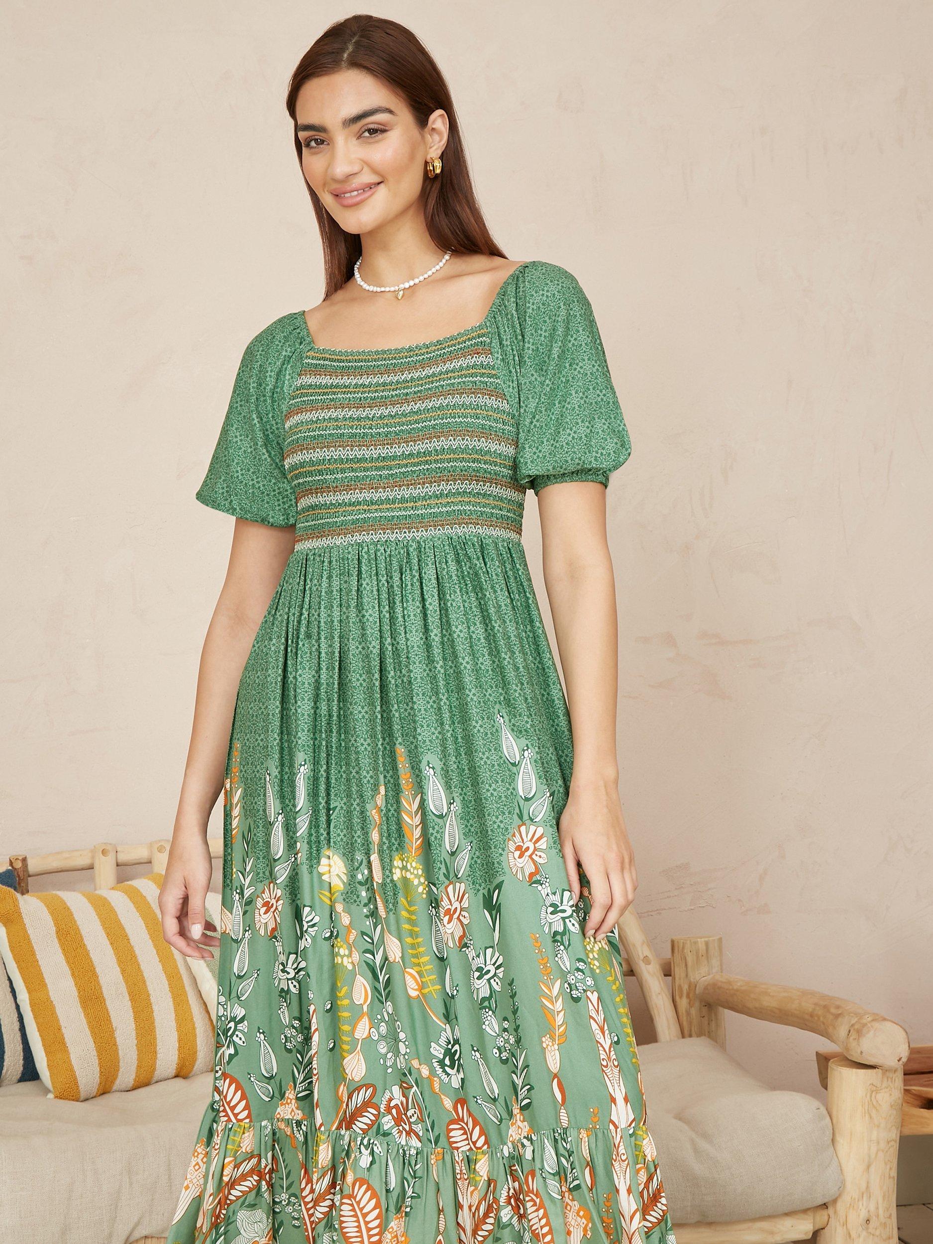 Product image 1 of 6, which shows Yumi Ruched Leaf Print Maxi Dress, Green, 8
