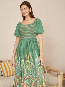 Yumi Ruched Leaf Print Maxi Dress, Green, Green