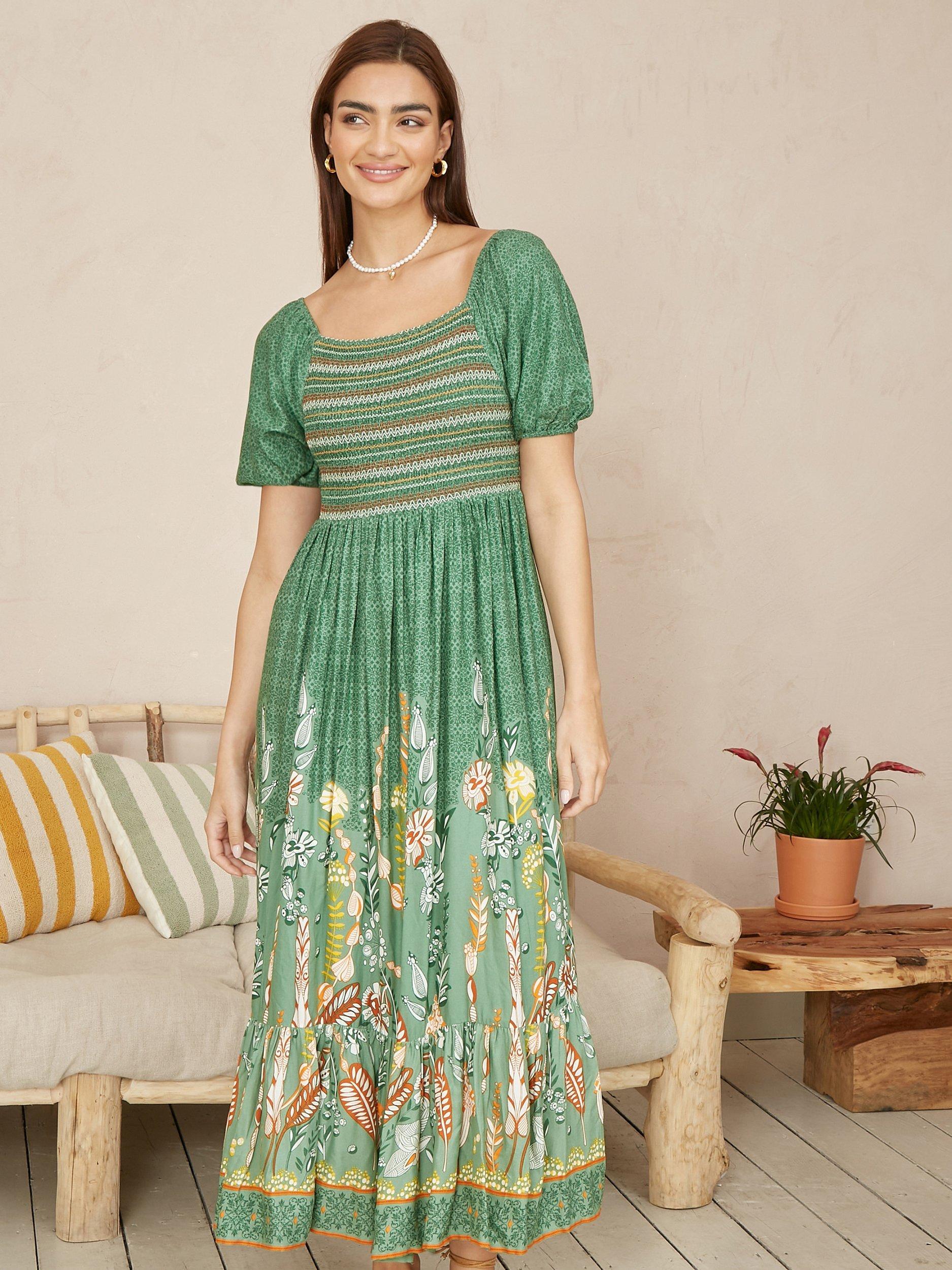 Product image 2 of 6, which shows Yumi Ruched Leaf Print Maxi Dress, Green, 8