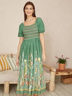 Yumi Ruched Leaf Print Maxi Dress, Green - view 2, Green