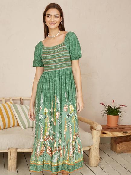 Yumi Ruched Leaf Print Maxi Dress, Green - view 2, Green