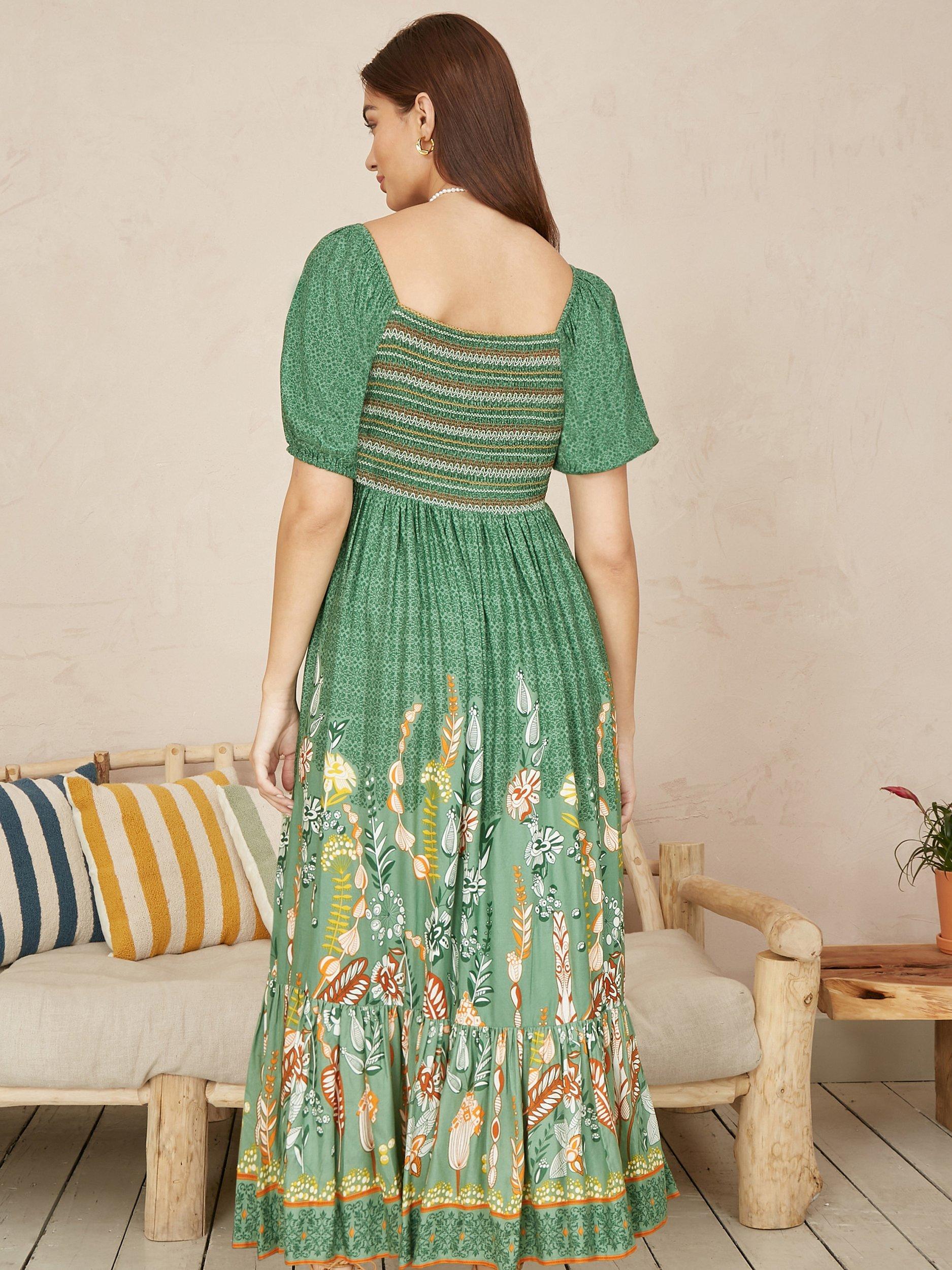 Product image 4 of 6, which shows Yumi Ruched Leaf Print Maxi Dress, Green, 8