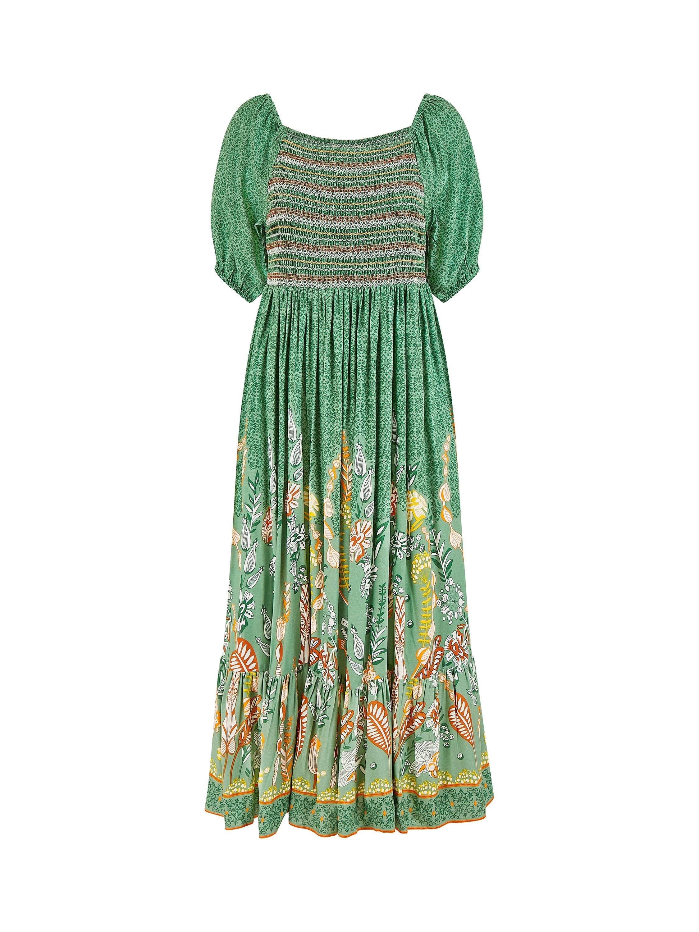Product image 6 of 6, which shows Yumi Ruched Leaf Print Maxi Dress, Green, 8