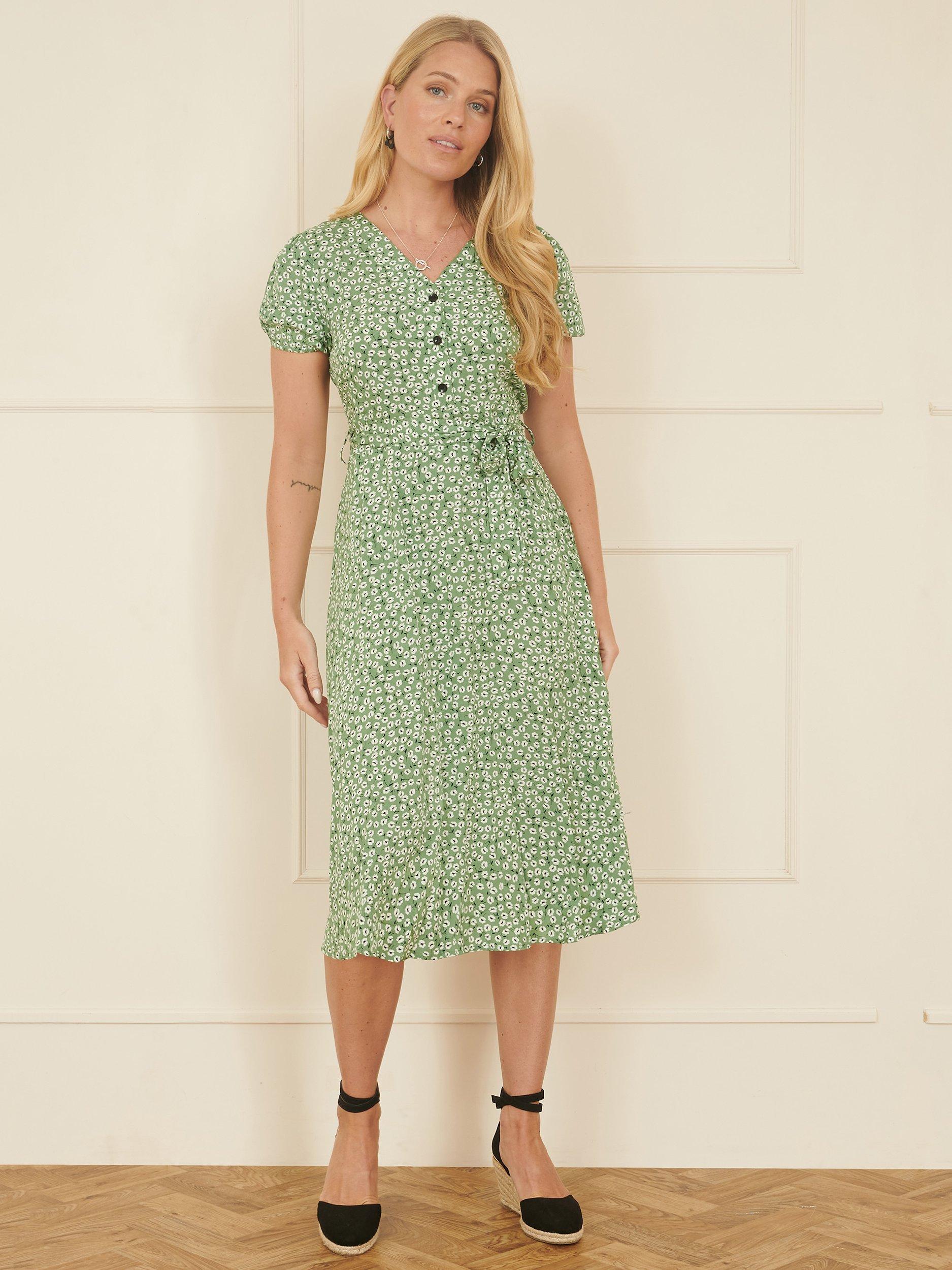 Product image 2 of 4, which shows Yumi Ditsy Print Midi Tea Dress, Green, 8