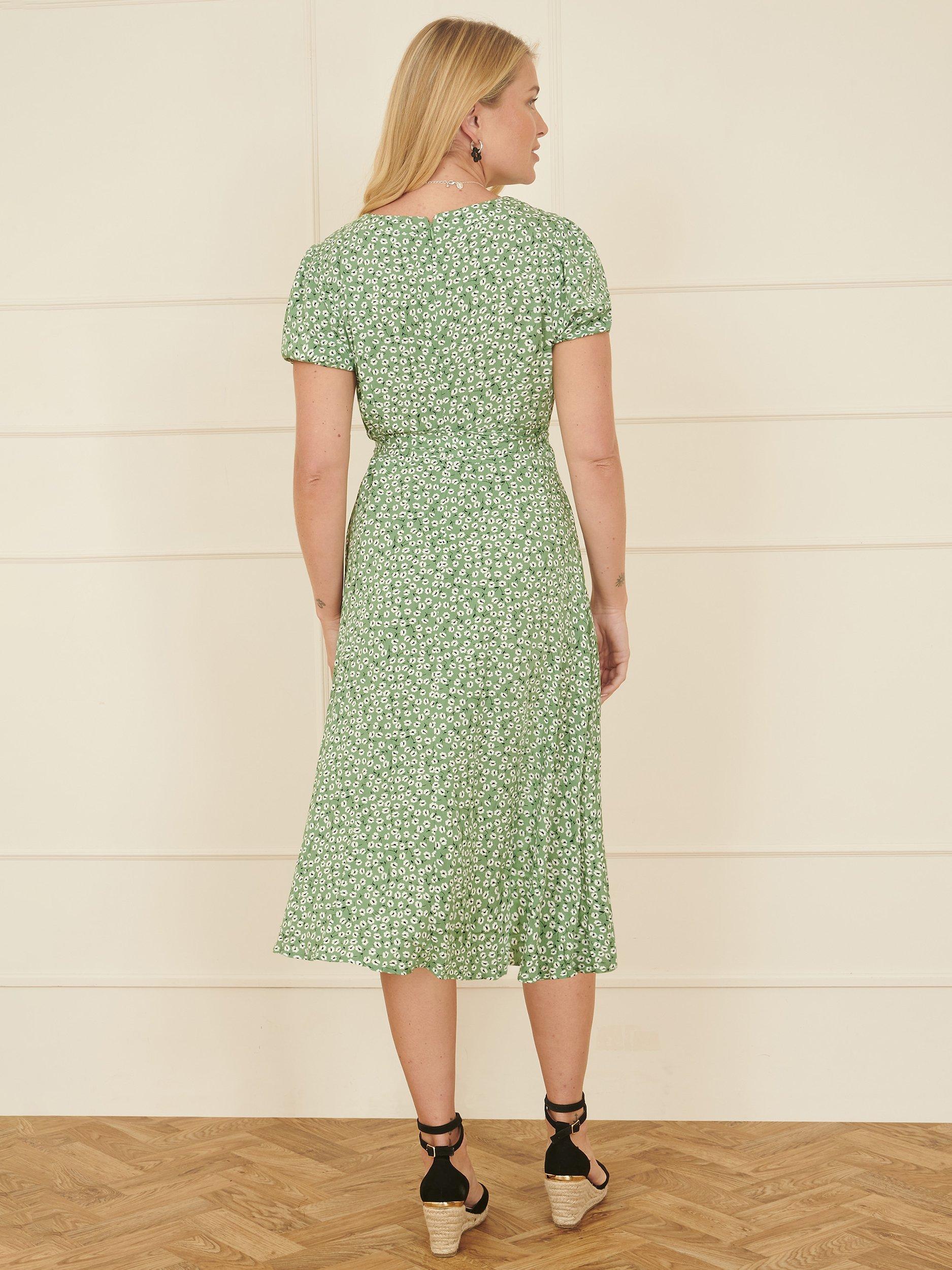 Product image 3 of 4, which shows Yumi Ditsy Print Midi Tea Dress, Green, 8