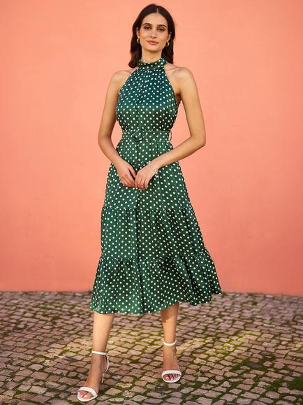 Yumi Spot Print Halterneck Midi Dress, Green