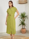 Yumi Belted Shirt Midi Dress, Lime Green