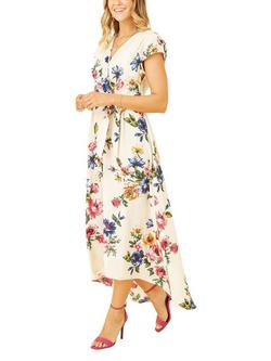 Yumi Floral Wrap Dip Hem Dress, Ivory - view 2, Ivory