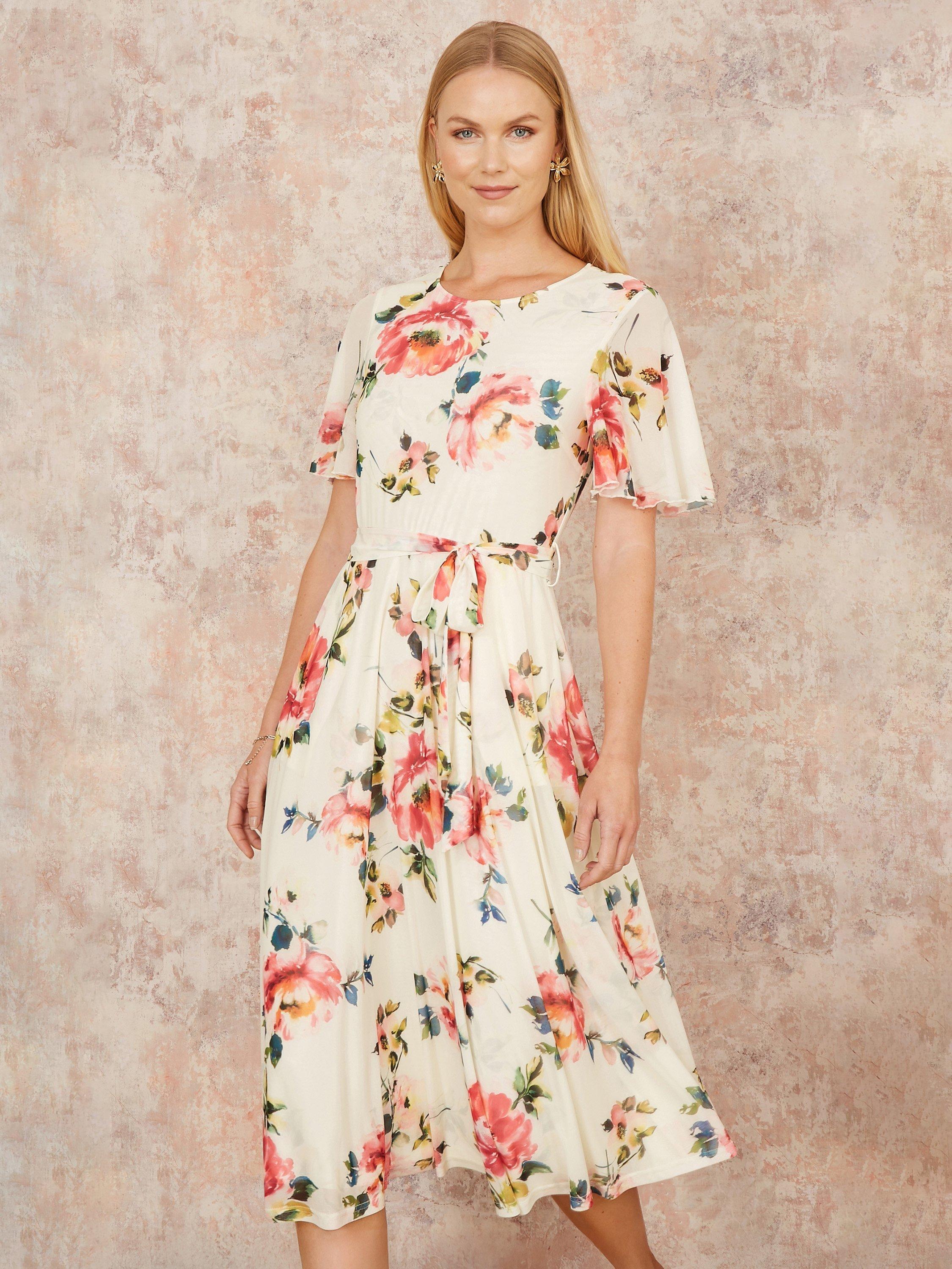 Product image 1 of 5, which shows Yumi Floral Mesh Midi Dress, Ivory, 8
