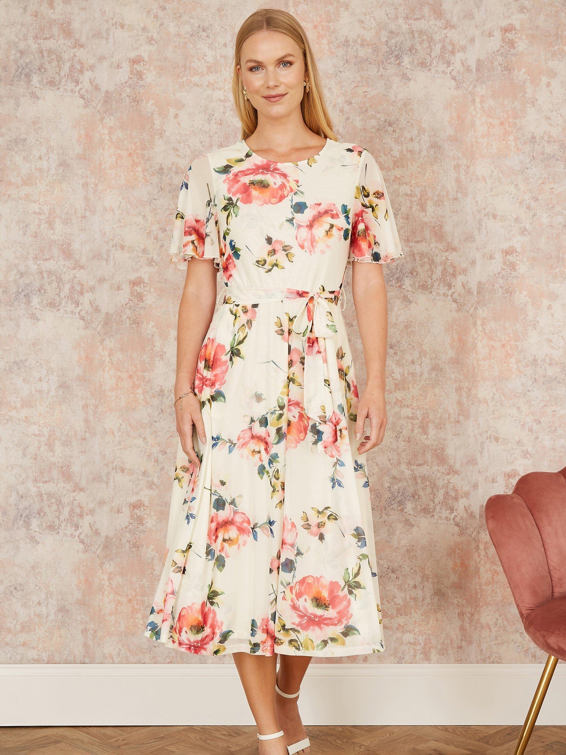 Product image 2 of 5, which shows Yumi Floral Mesh Midi Dress, Ivory, 8