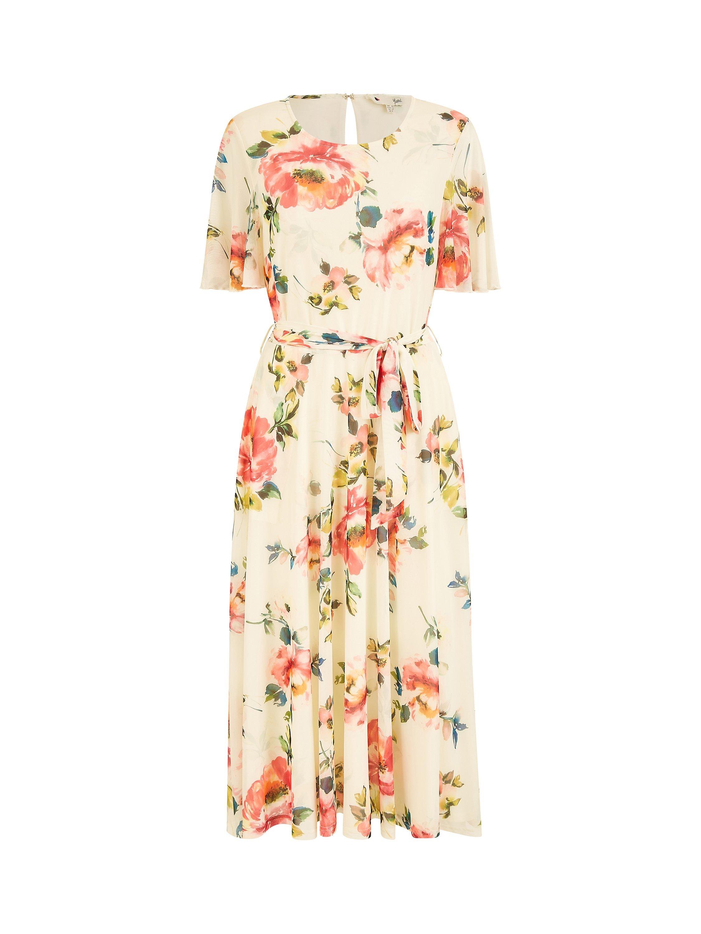 Product image 5 of 5, which shows Yumi Floral Mesh Midi Dress, Ivory, 8