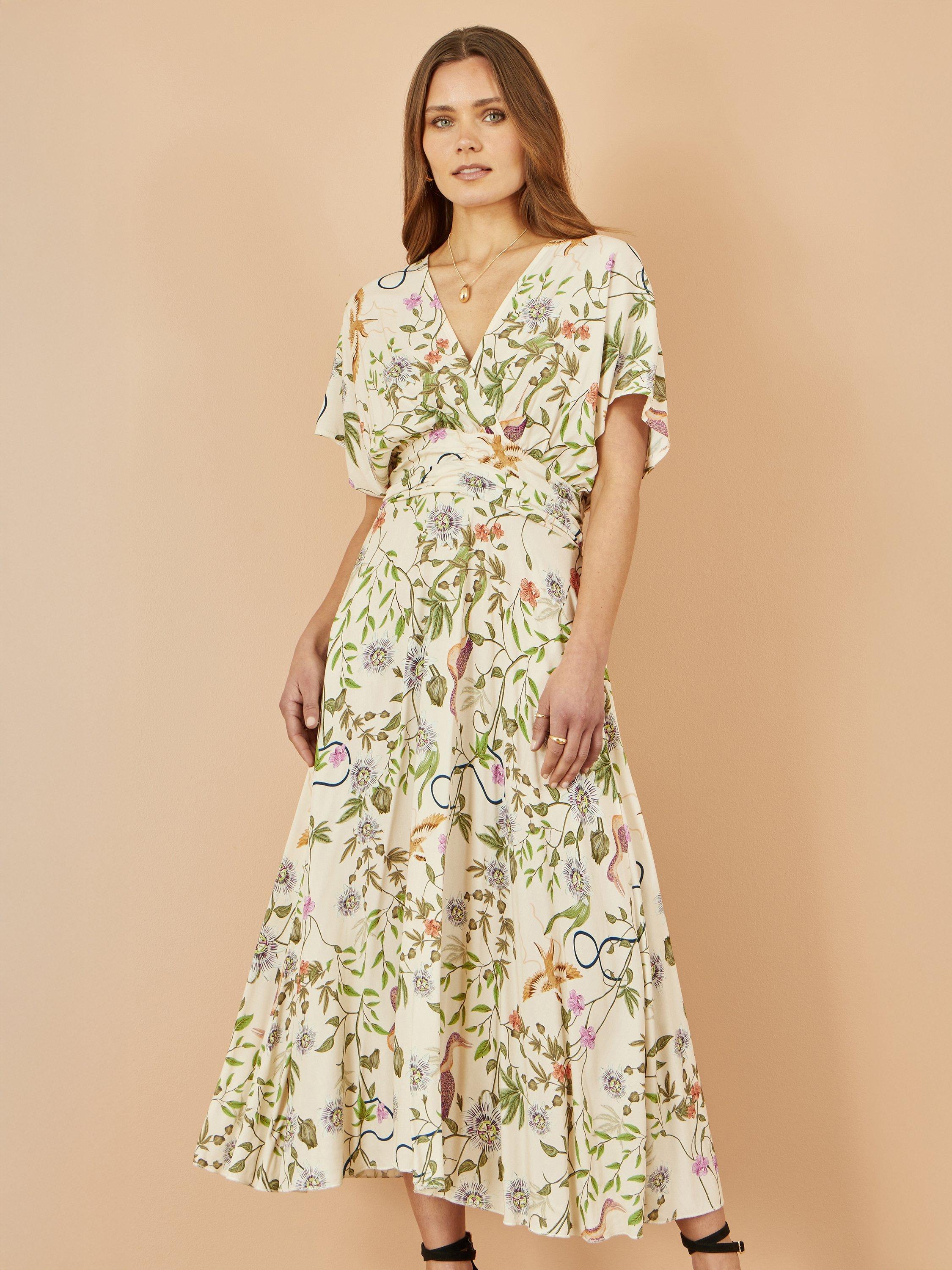 Product image 1 of 5, which shows Yumi Floral Ruched Waist Midi Dress, Beige, 8