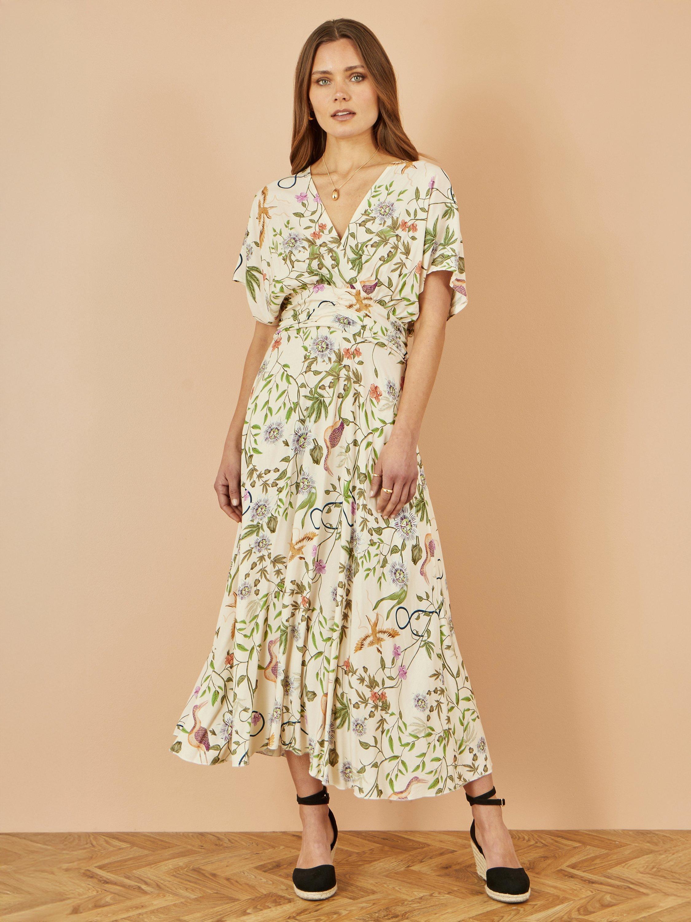 Product image 2 of 5, which shows Yumi Floral Ruched Waist Midi Dress, Beige, 8