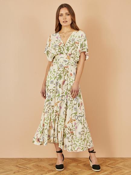 Yumi Floral Ruched Waist Midi Dress, Beige - view 2, Beige