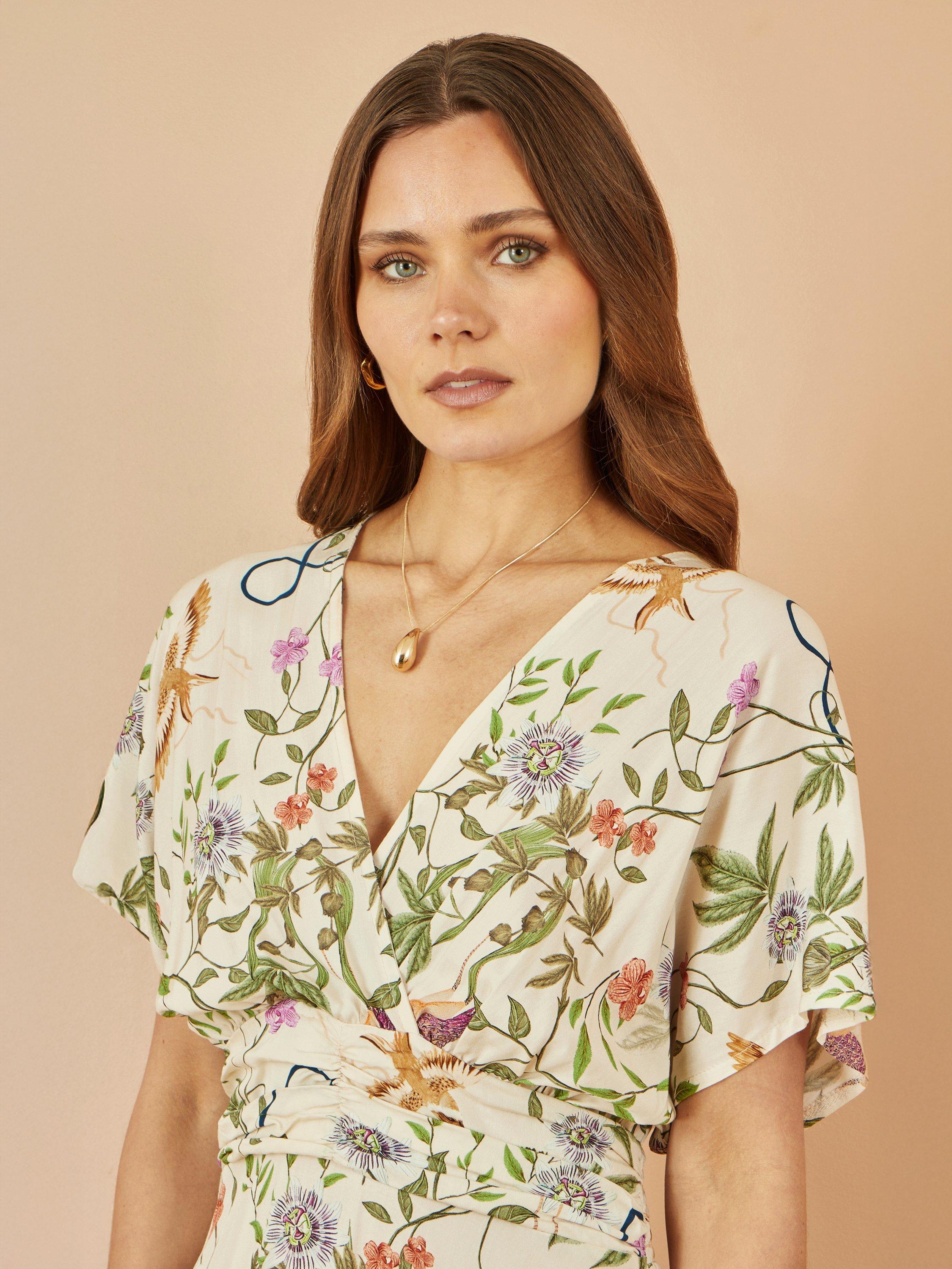 Product image 3 of 5, which shows Yumi Floral Ruched Waist Midi Dress, Beige, 8