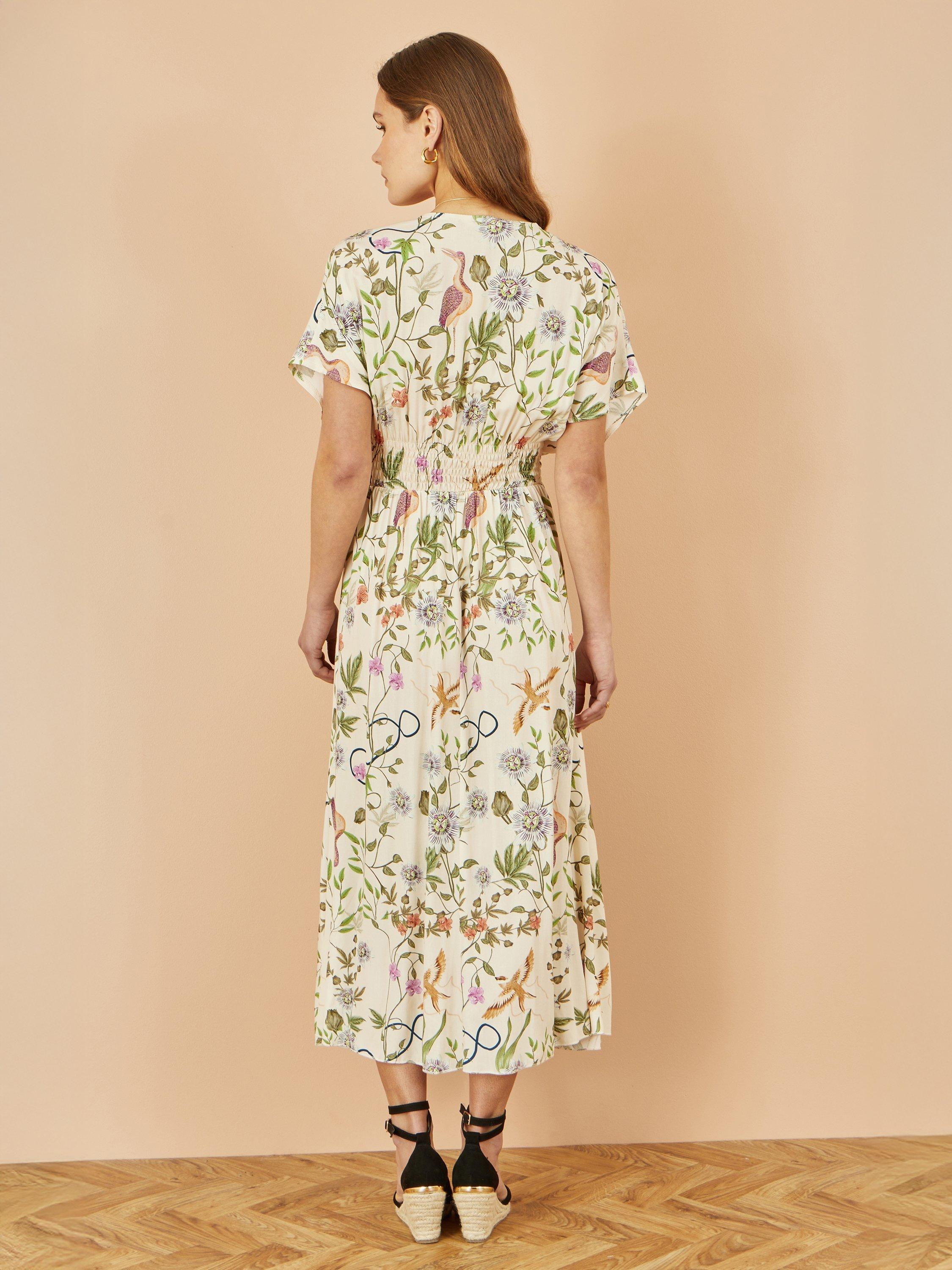 Product image 4 of 5, which shows Yumi Floral Ruched Waist Midi Dress, Beige, 8