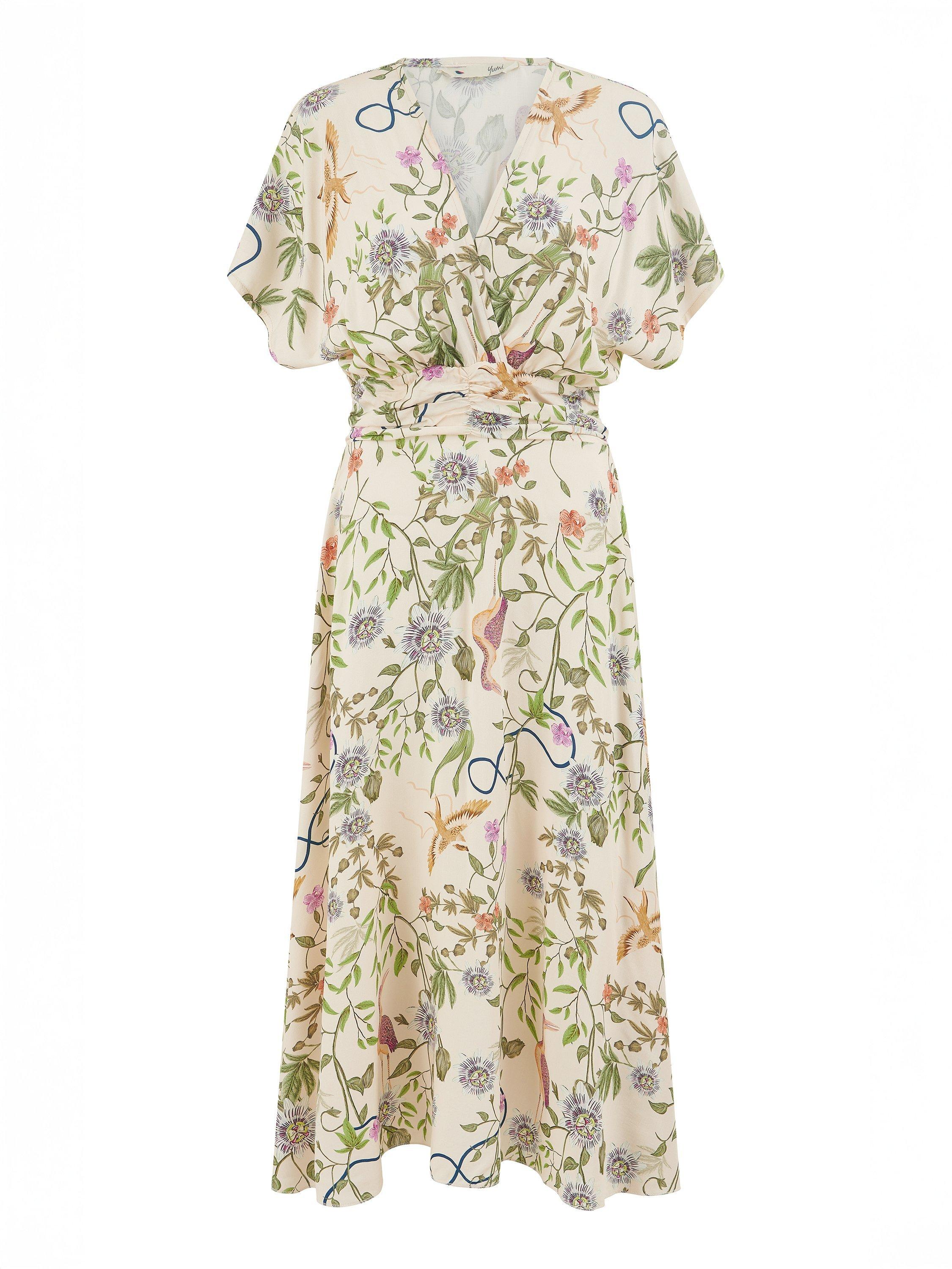 Product image 5 of 5, which shows Yumi Floral Ruched Waist Midi Dress, Beige, 8