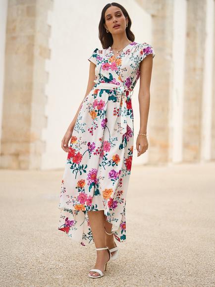Yumi Floral Wrap Midi Dress, Ivory, Ivory