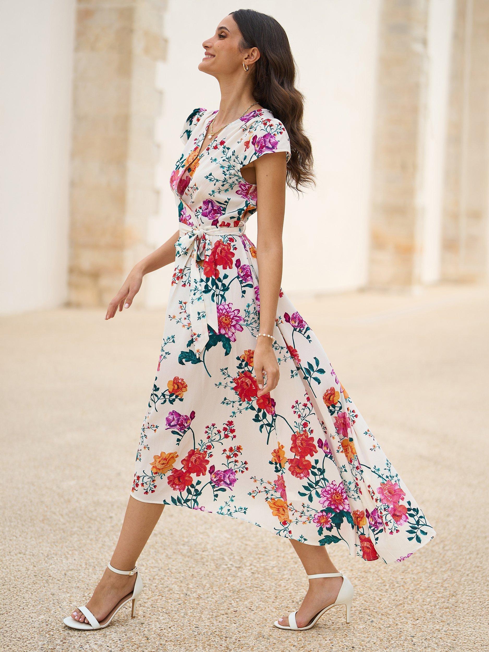 Product image 2 of 6, which shows Yumi Floral Wrap Midi Dress, Ivory, 8