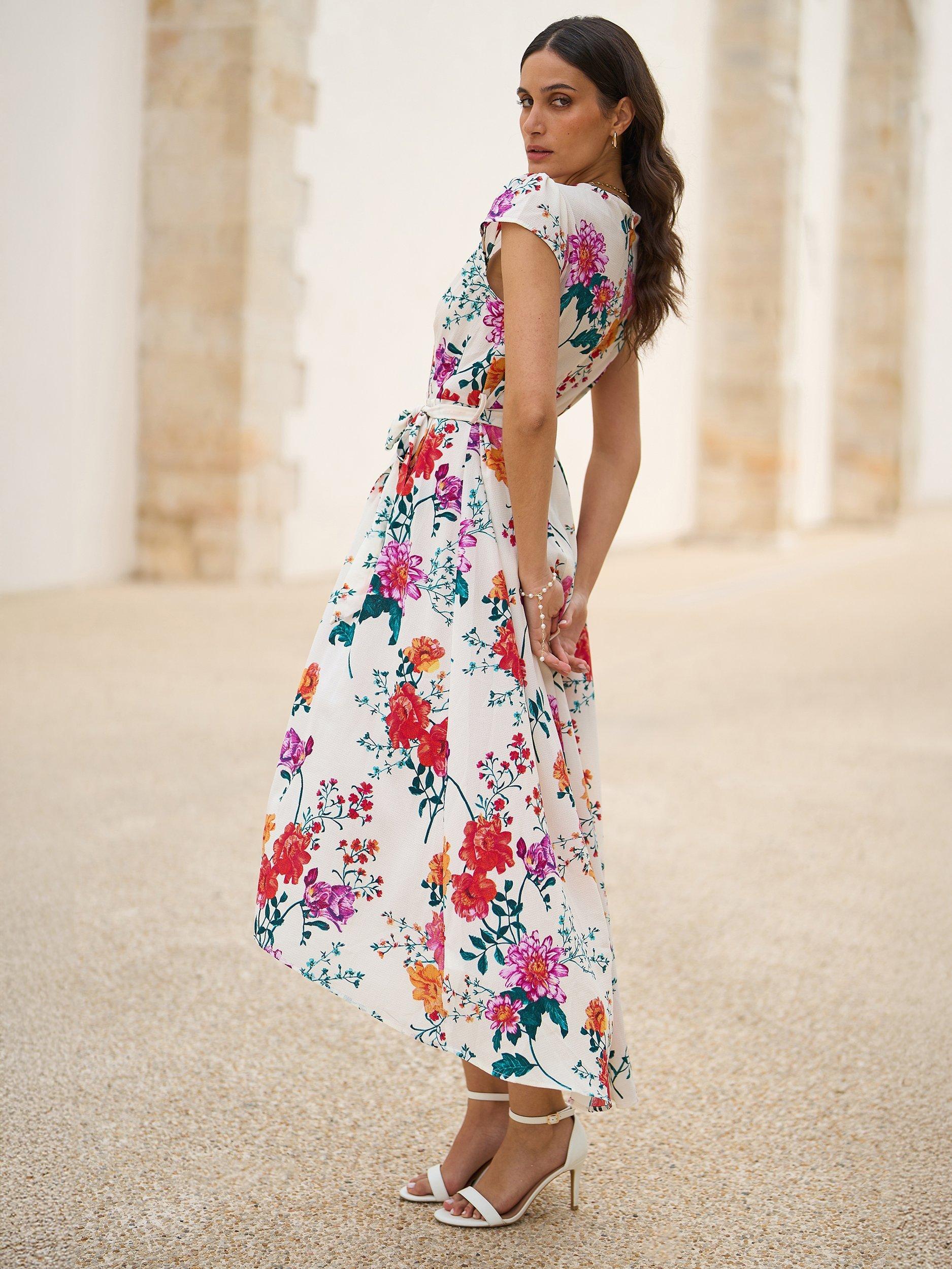 Product image 4 of 6, which shows Yumi Floral Wrap Midi Dress, Ivory, 8