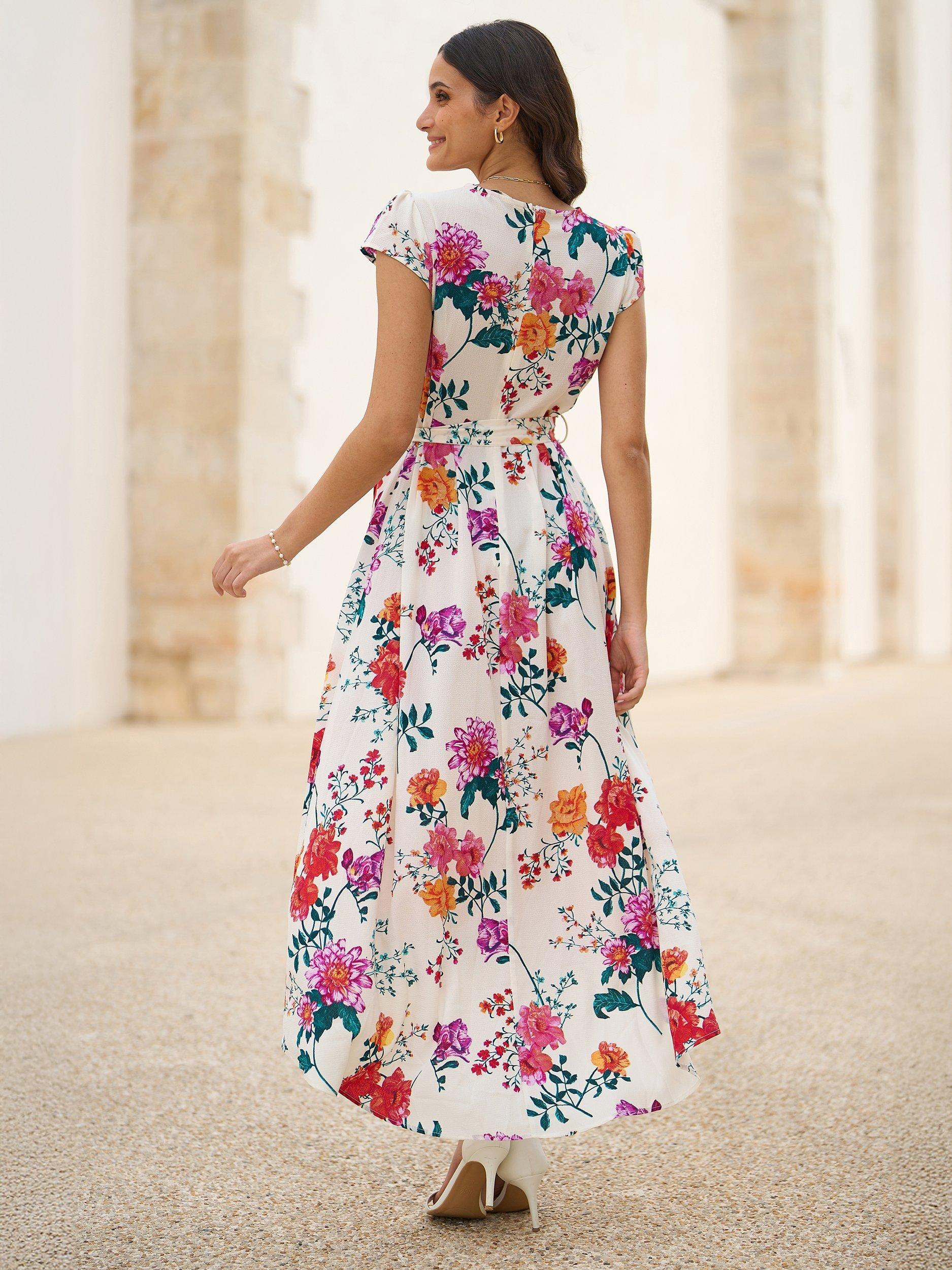 Product image 5 of 6, which shows Yumi Floral Wrap Midi Dress, Ivory, 8