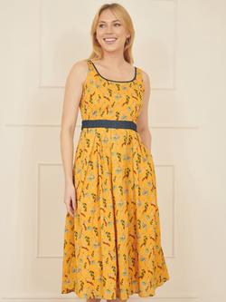 Yumi Floral Denim Trim Skater Dress, Mustard, Mustard