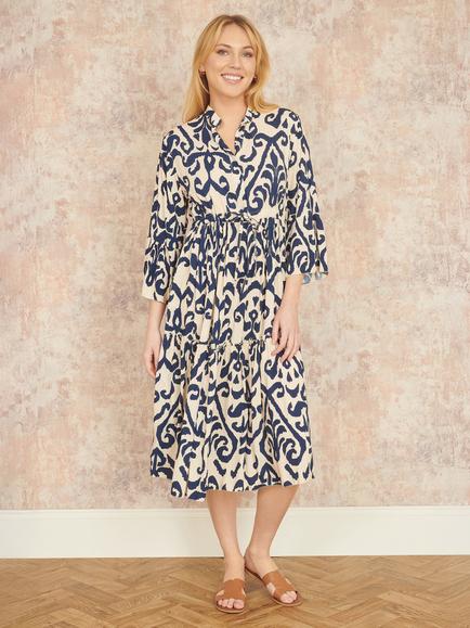 Yumi Block Print Kaftan Dress, Ivory - view 2, Ivory