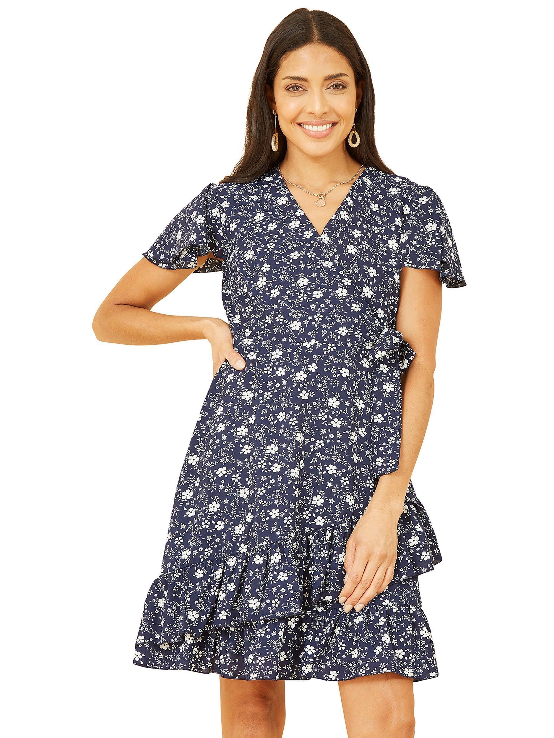 Product image 1 of 4, which shows Yumi Ditsy Floral Frill Wrap Dress, Navy, 8