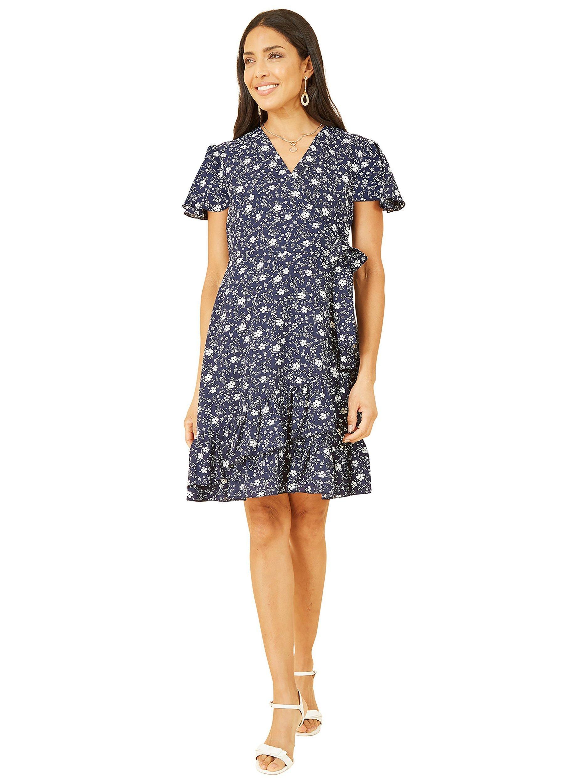 Product image 2 of 4, which shows Yumi Ditsy Floral Frill Wrap Dress, Navy, 8