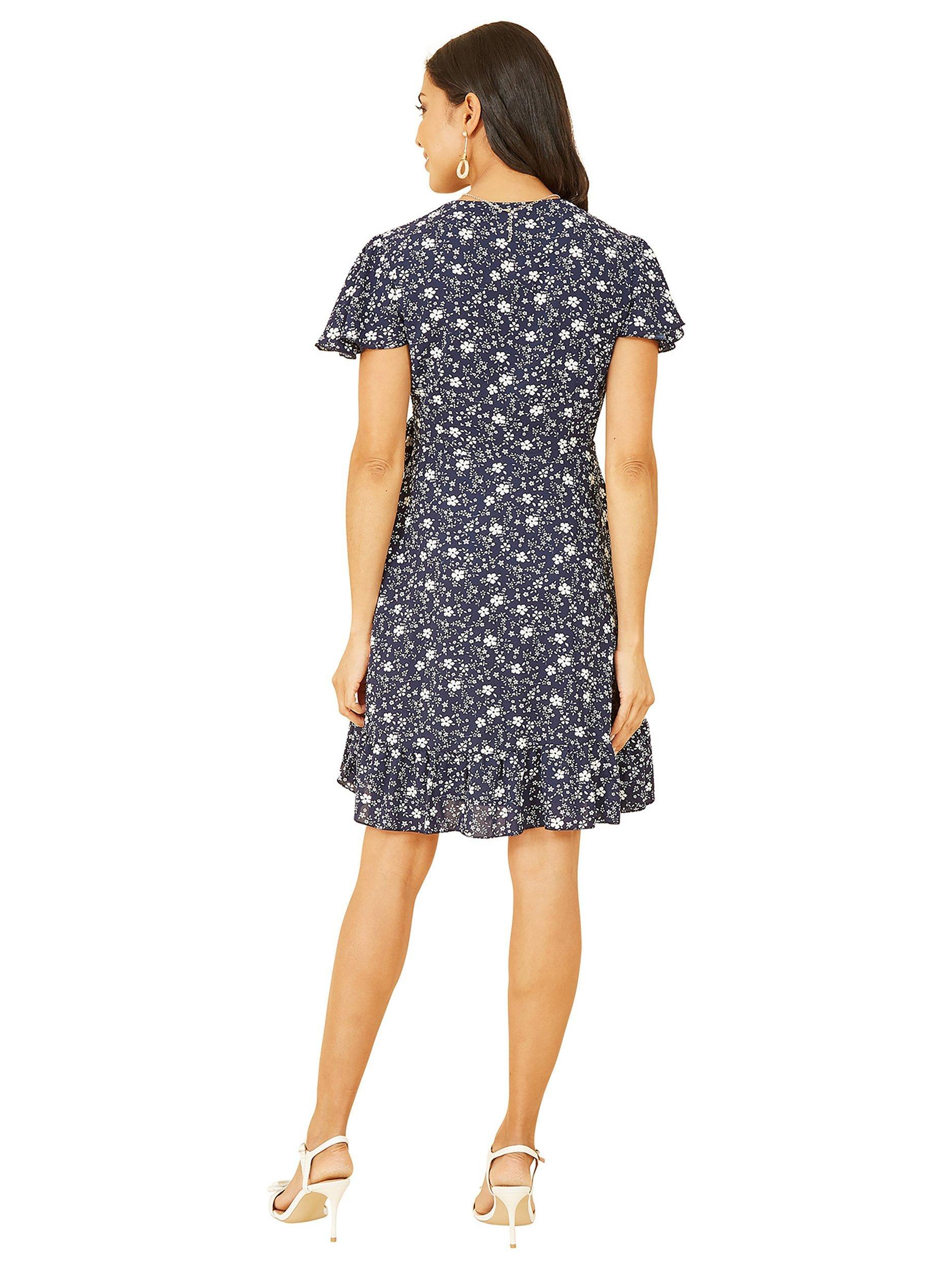 Product image 3 of 4, which shows Yumi Ditsy Floral Frill Wrap Dress, Navy, 8