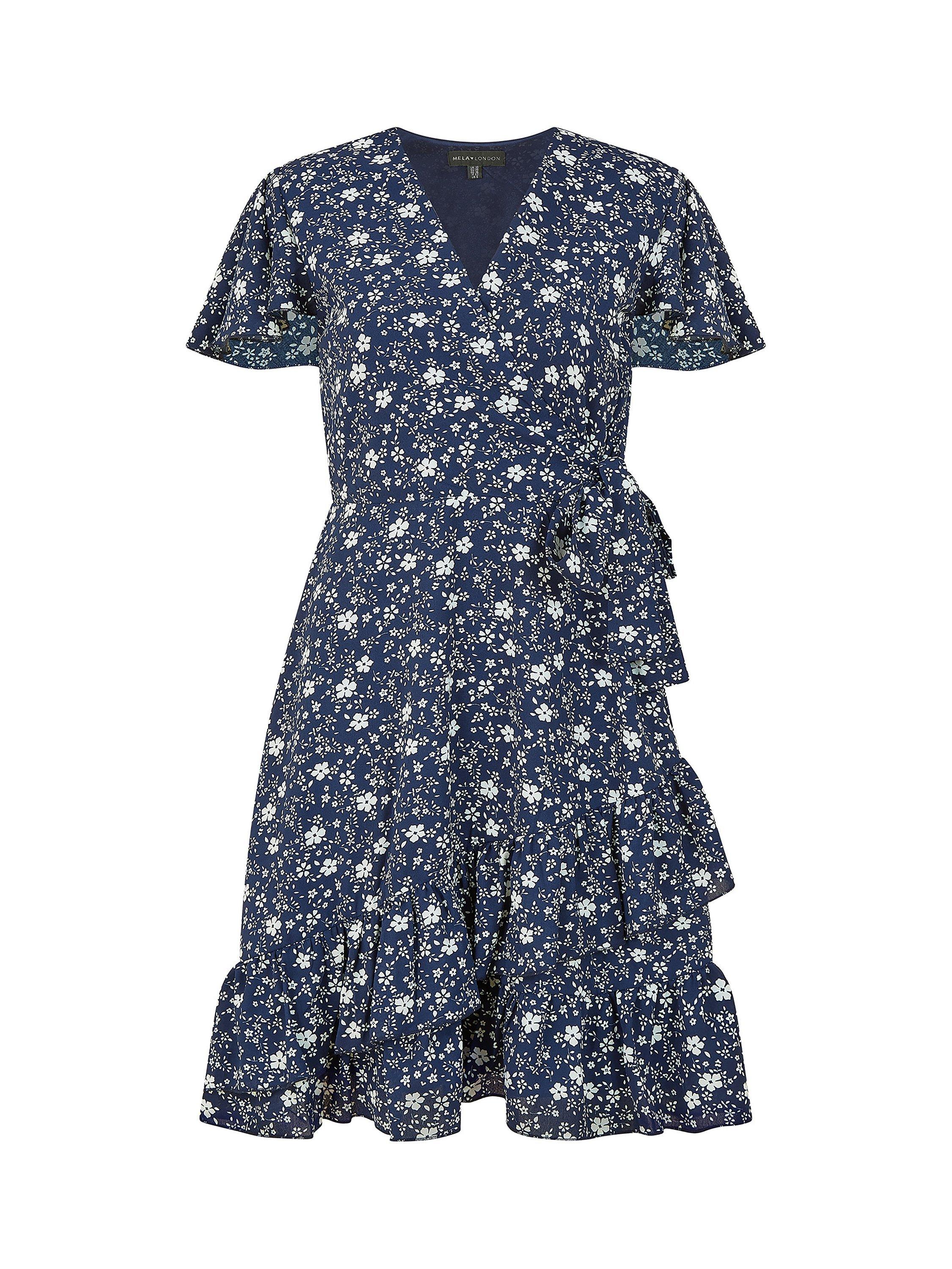 Product image 4 of 4, which shows Yumi Ditsy Floral Frill Wrap Dress, Navy, 8