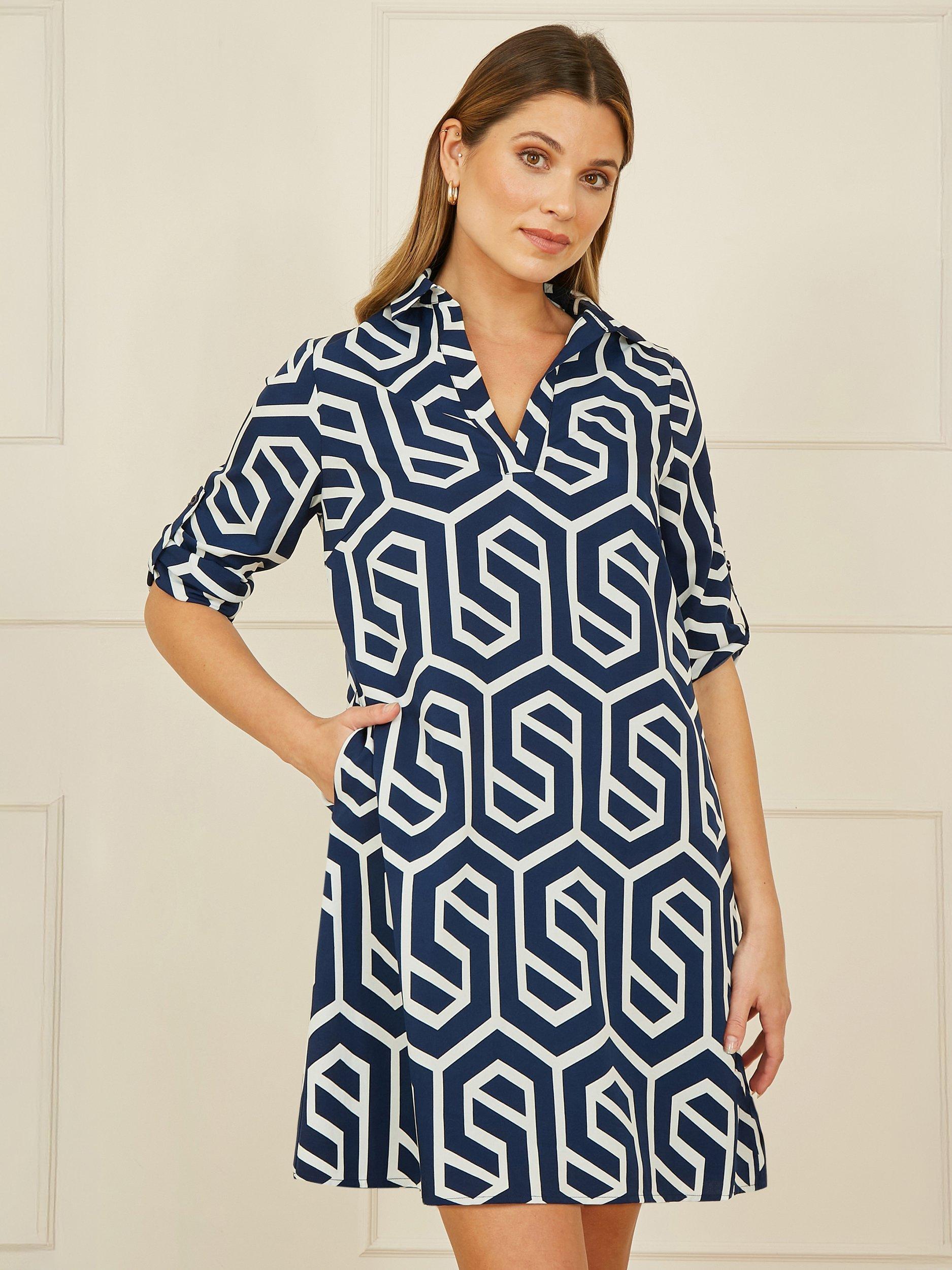 Product image 1 of 5, which shows Yumi Geometric Print Tunic Dress, Navy, 8